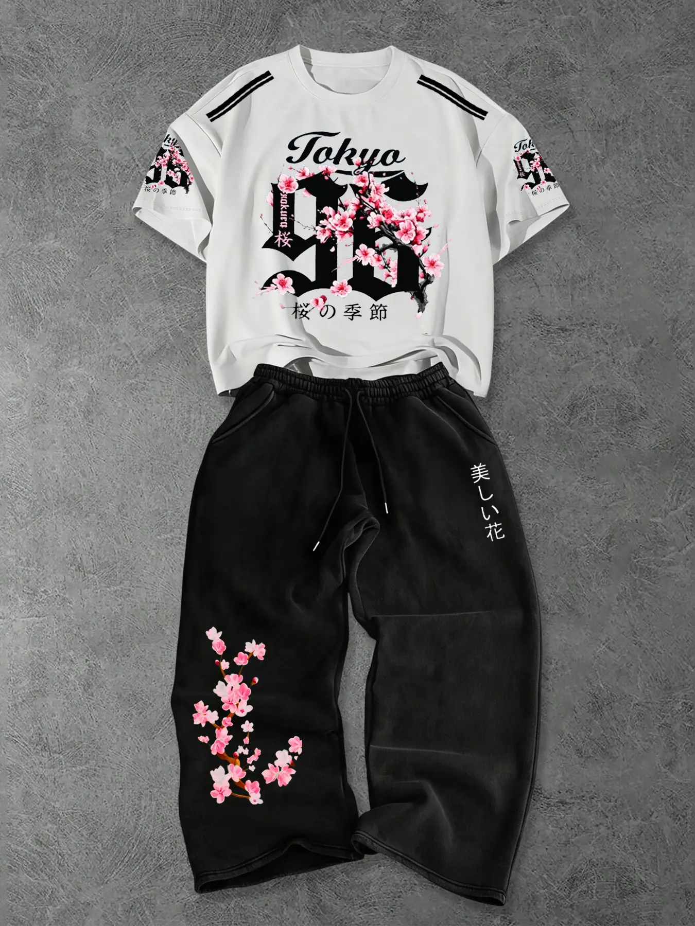 Men's Casual 2-Piece Set, New Japanese Style Cherry Blossom Print, Gothic Font Short Sleeve + Loose Fashion Sweatpants, Daily Streetwear