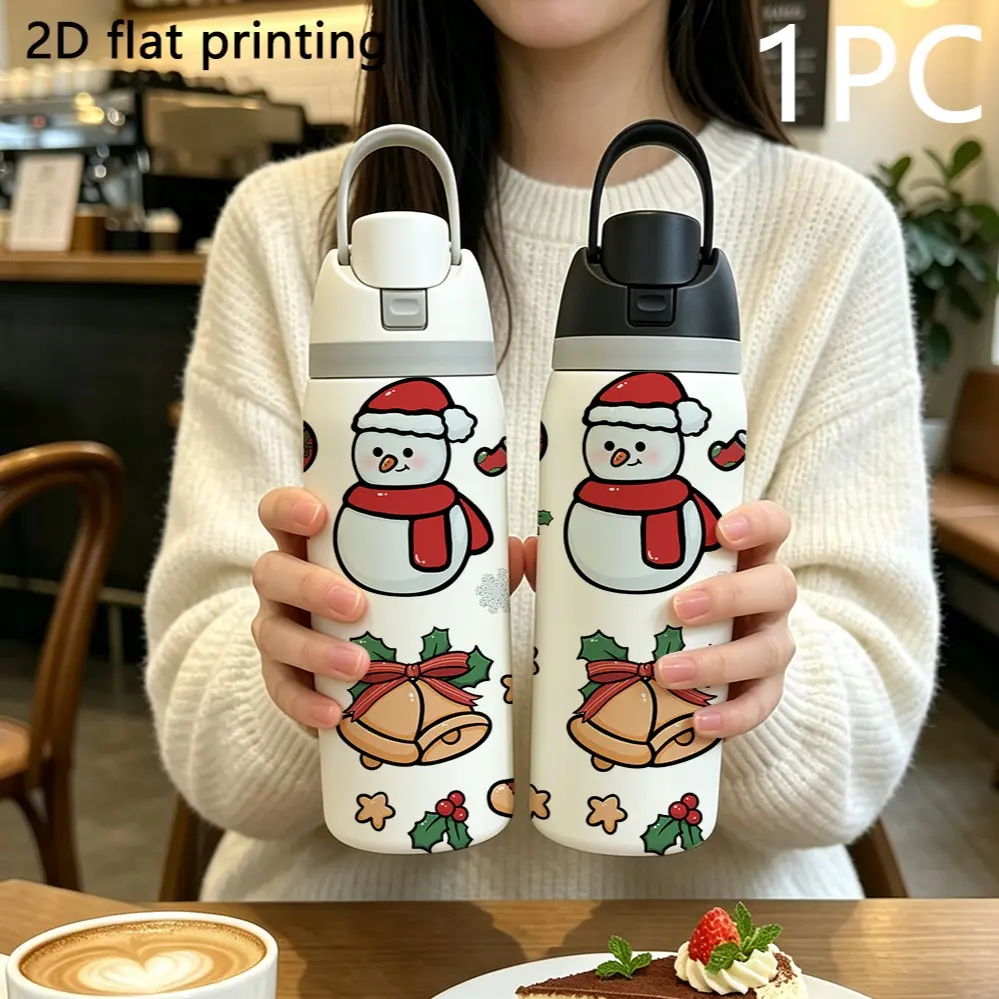 32oz Dual-Layer Vacuum Insulated Water Bottle, Cute Snowman Gingerbread Design, Ideal Christmas Gift, Thermal Cup for Holiday Season