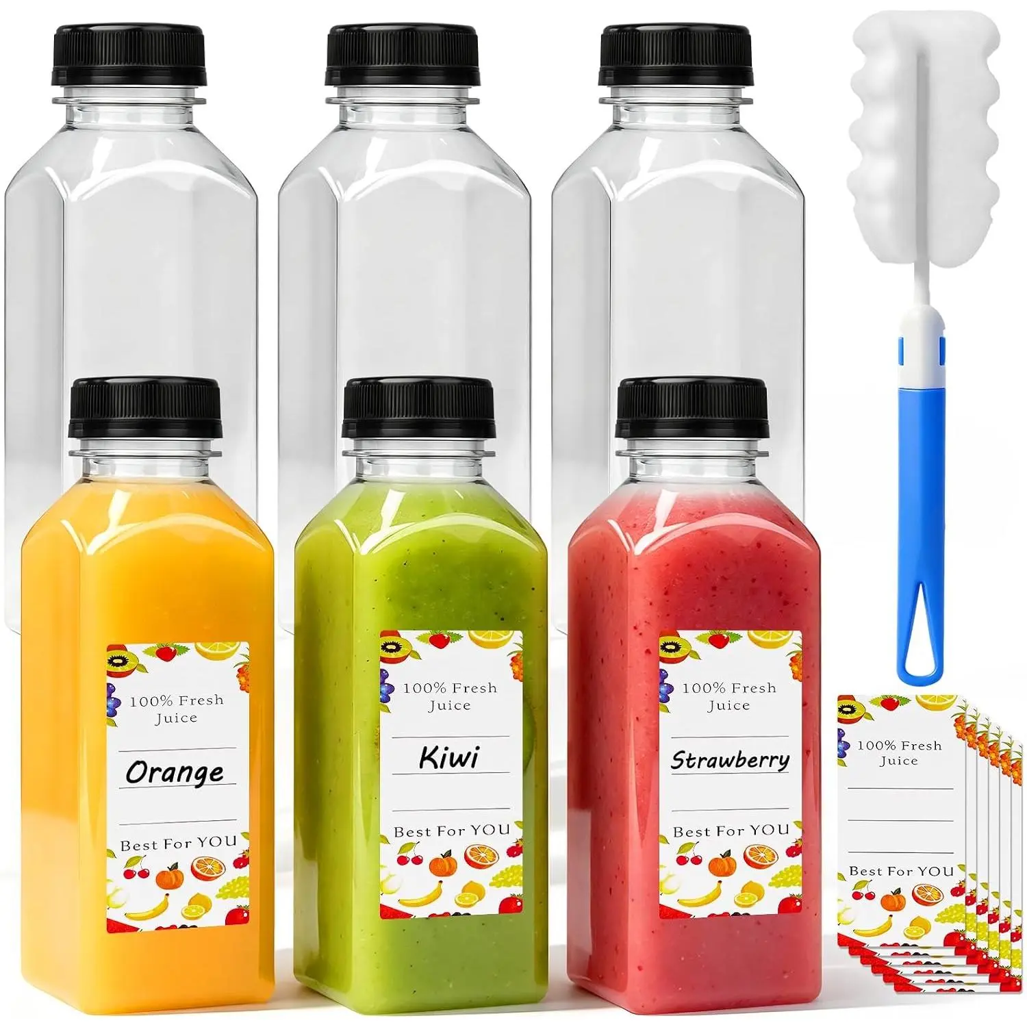 6-Pack 12oz Plastic Juice Bottles with Caps, -Grade | Leakproof Square Juice Containers Clear Plastic Bottles, with Tamper-Proof Seals . for Smoothies, Juicing, Coffee. Travel