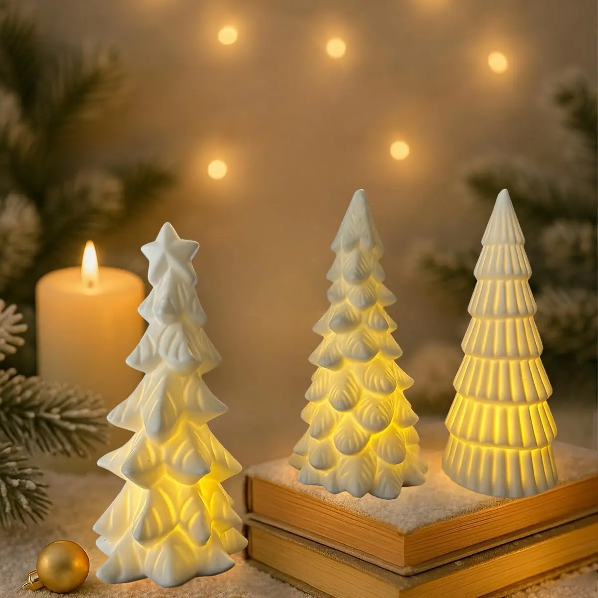 Lighted Ceramic Christmas Tree Decor 3 count Small White Christmas Trees with Lights Xmas Tree Figurines for Tabletop Mantel Shelf Fireplace Holiday Decorations for  and