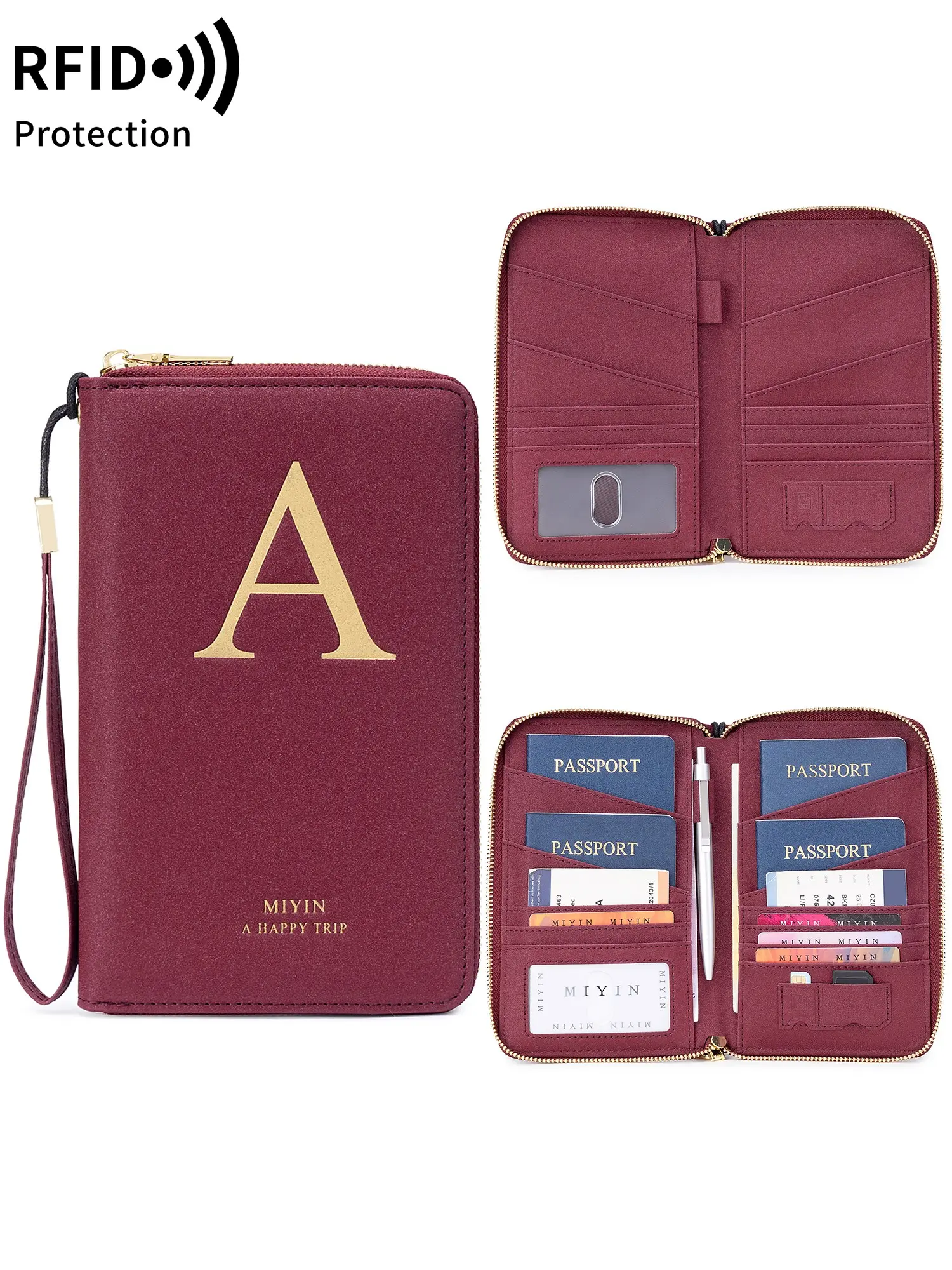 Stylish Custom 12 Letter Passport Holder, RFID Blocking Family Travel Wallet With Wrist Strap, Large Capacity Design Featuring Multiple Card Slots, Cash Compartment & Zipper Coin Pocket, Unisex Travel Document Organizer, Passport Cover