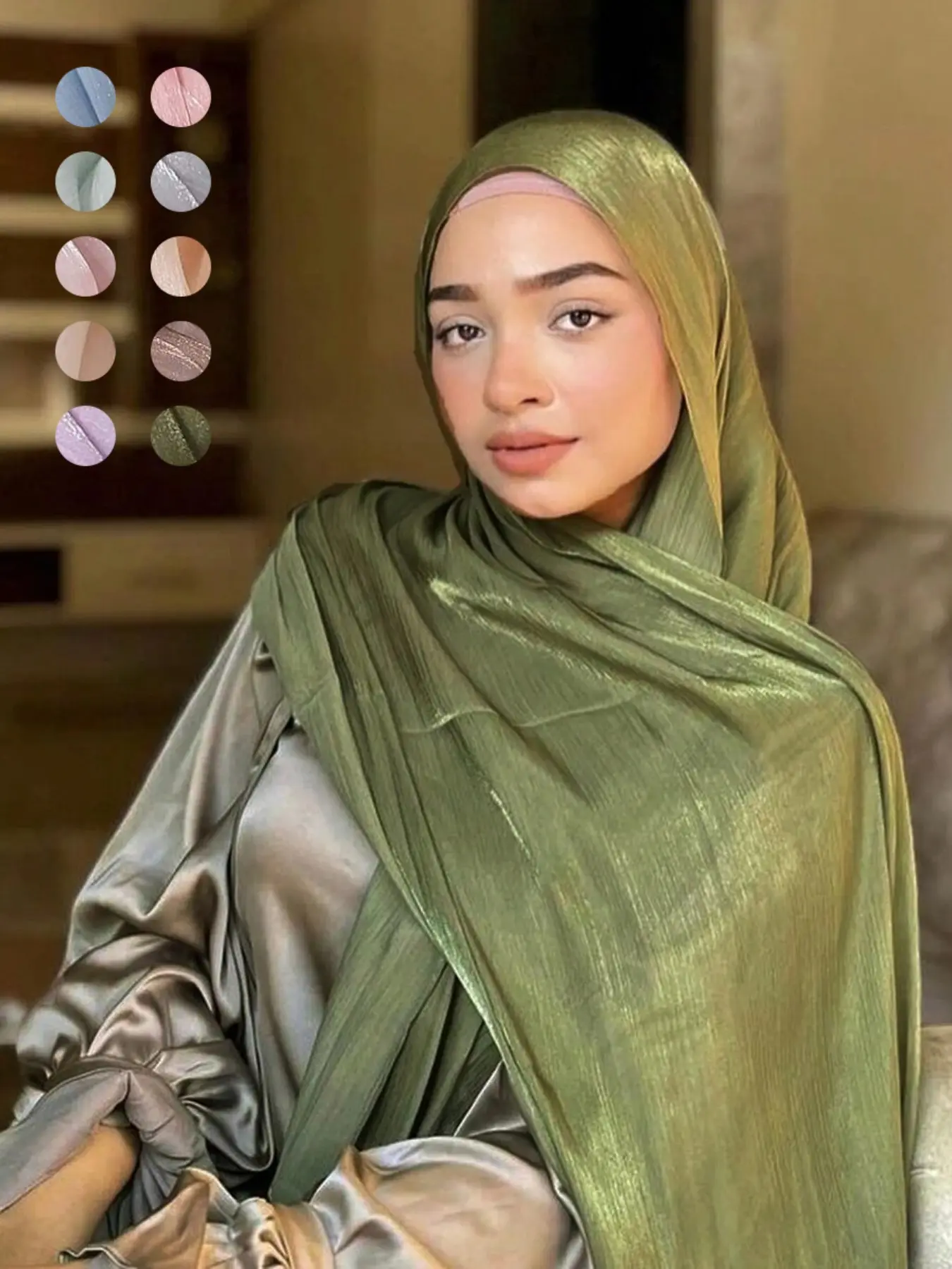 Women Shimmer Crinkle Satin Hijab, Soft Glossy Metallic Sheen Headscarf, Modest Muslim Long Shawl For Daily Prayer Party Outfit