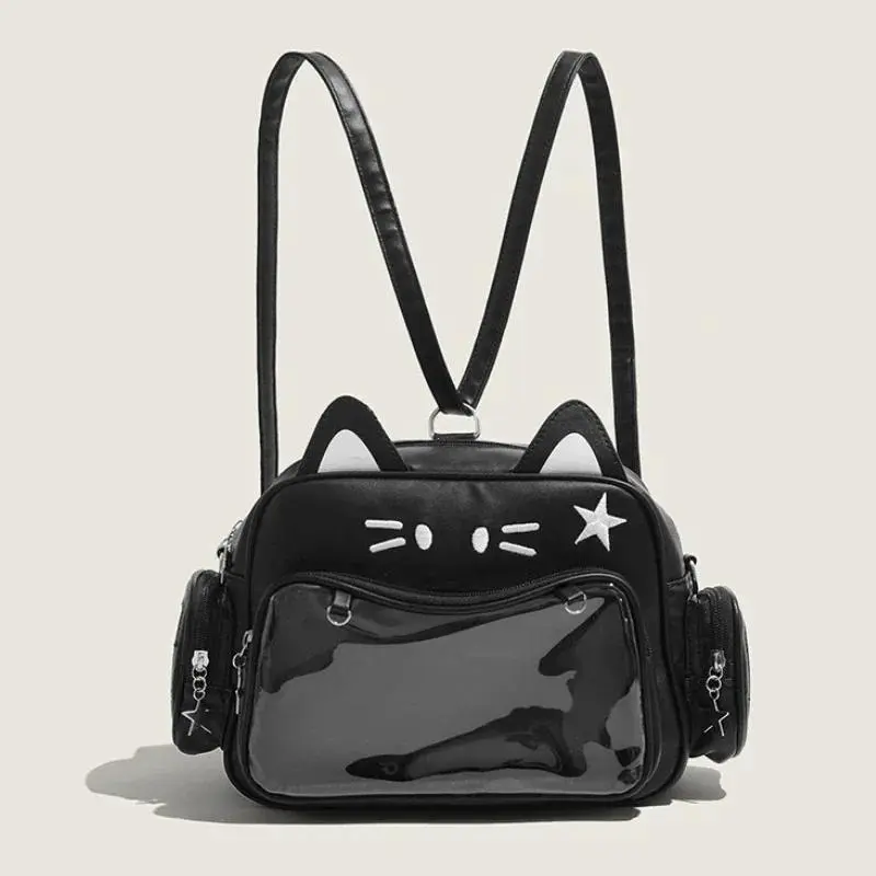Y2K Kawaii Cat Ear Ita Convertible Backpack Purse - PU Material School Bag with Transparent Display Pocket, Multi-Way Strap, Casual Backpack for Girls' Pack, School Use & Cosplay