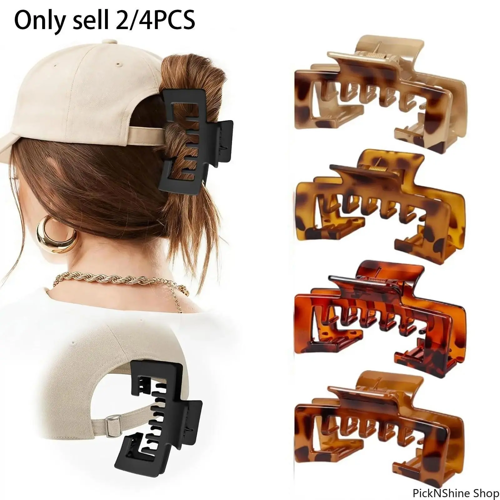 Women's 2-4 PCS Trucker Hat Claw Clips, Innovative Strap Cutout, Large Tortoise Pattern, Synthetic Flat Hair Clips, Everyday Holiday Sporty Headwear Essentials for Bad Hair Days, Clips For Hair, Synthetic Claw Clip