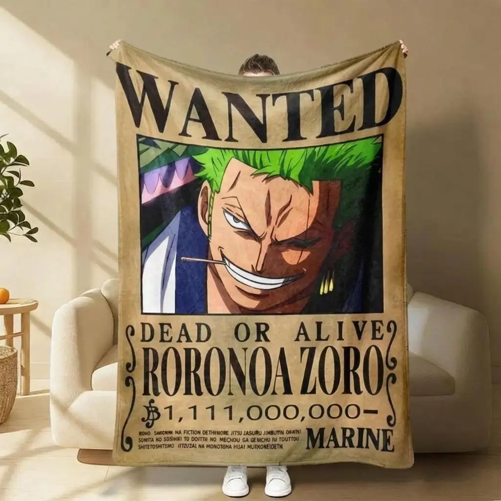 1pc Hot Anime ONEPS Z-Zoro Bounty Figure Print Flannel Throw Blanket, Retro Style with Wanted Text, Cozy, Soft Warming, Ideal for Bedroom, Home Use, Cozy Throw Blanket,, Camping Trip, 100X75 Cm, One Piece, Room Decor