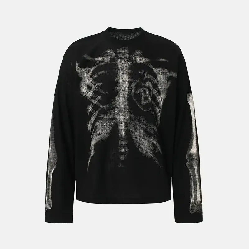Men's Oversized Streetwear Waffle Thermal Knit Long Sleeve Shirt, Gothic X-Ray Skeleton Ribcage Bone Graphic Print Long Sleeve Top, Y2K Dark Grunge Aesthetic Casual Long Sleeve Knitwear for Fall Winter