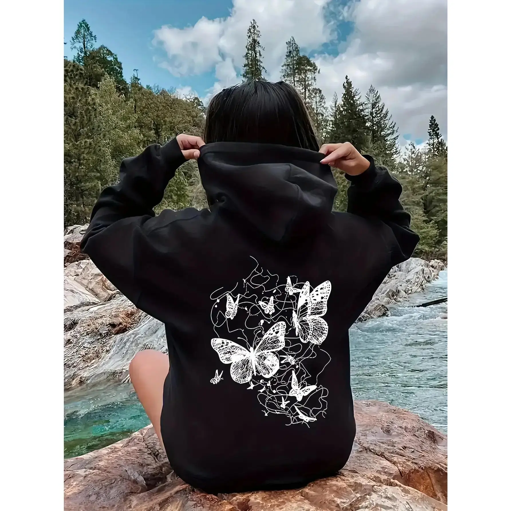 Hooded Sweatshirt for Women Featuring a Black And White Butterfly Pattern - a Cozy Pullover for Winter with a Drawstring Hood, Long Sleeves, And a Casual Style. This Machine-Washable Top with a Butterfly Line Design Is Perfect for Layering During Th