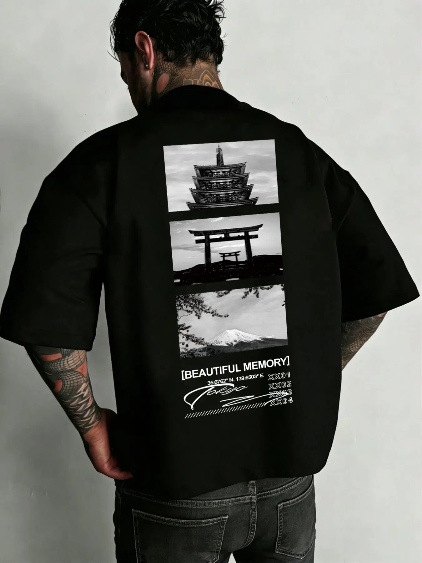 Men's High Street Style Short Sleeve T-Shirt, Japanese Architecture Photo Print, Casual Long T-Shirt, Spring & Fall Fashion