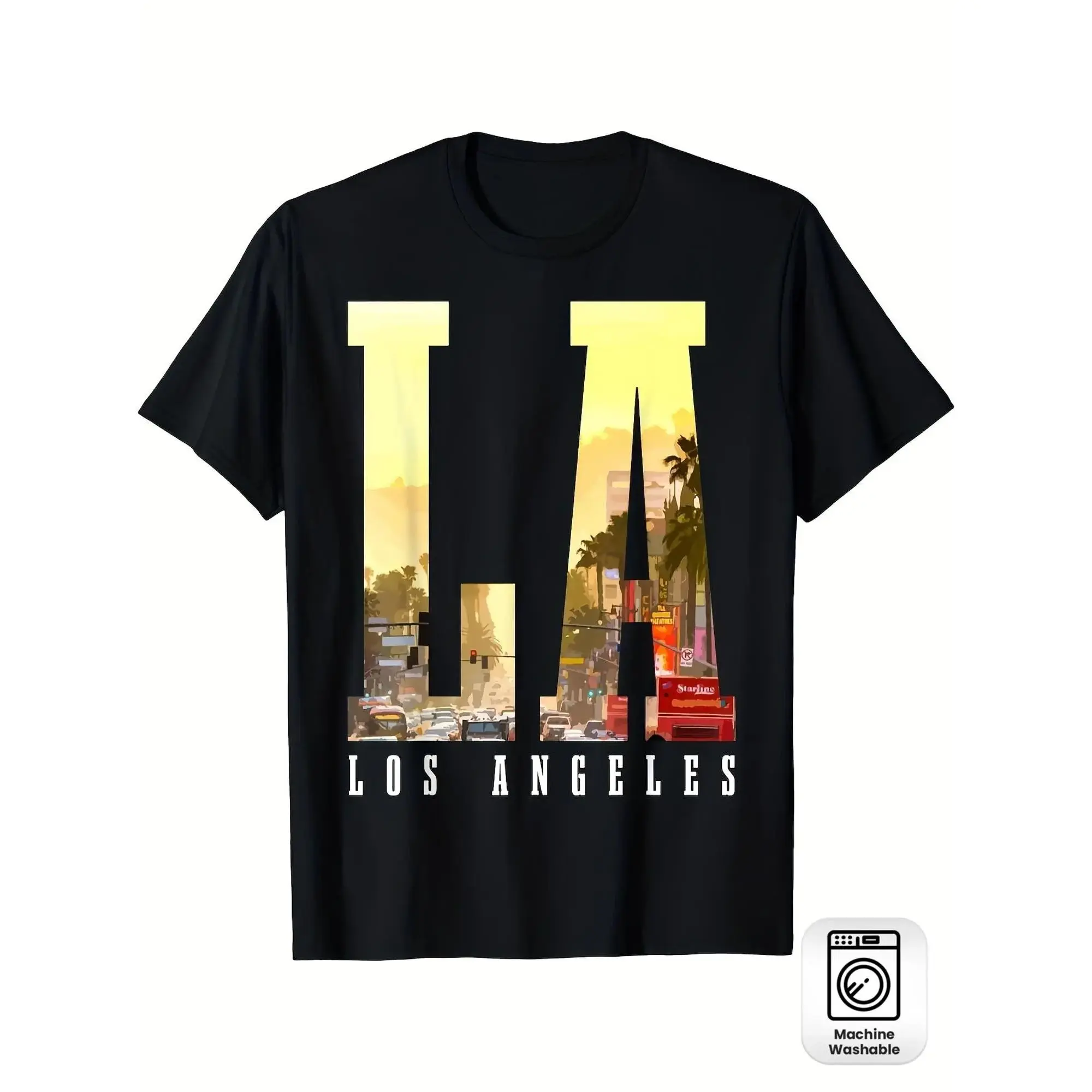 Men'S Vintage LA Skyline T-Shirt |   Heavyweight Tee with Retro Cityscape Graphic (Hollywood Hills, Downtown), Black, Crew Neck, Short Sleeve, Casual Style, Machine Washable, Perfect for Everyday & Travel, Plus Size