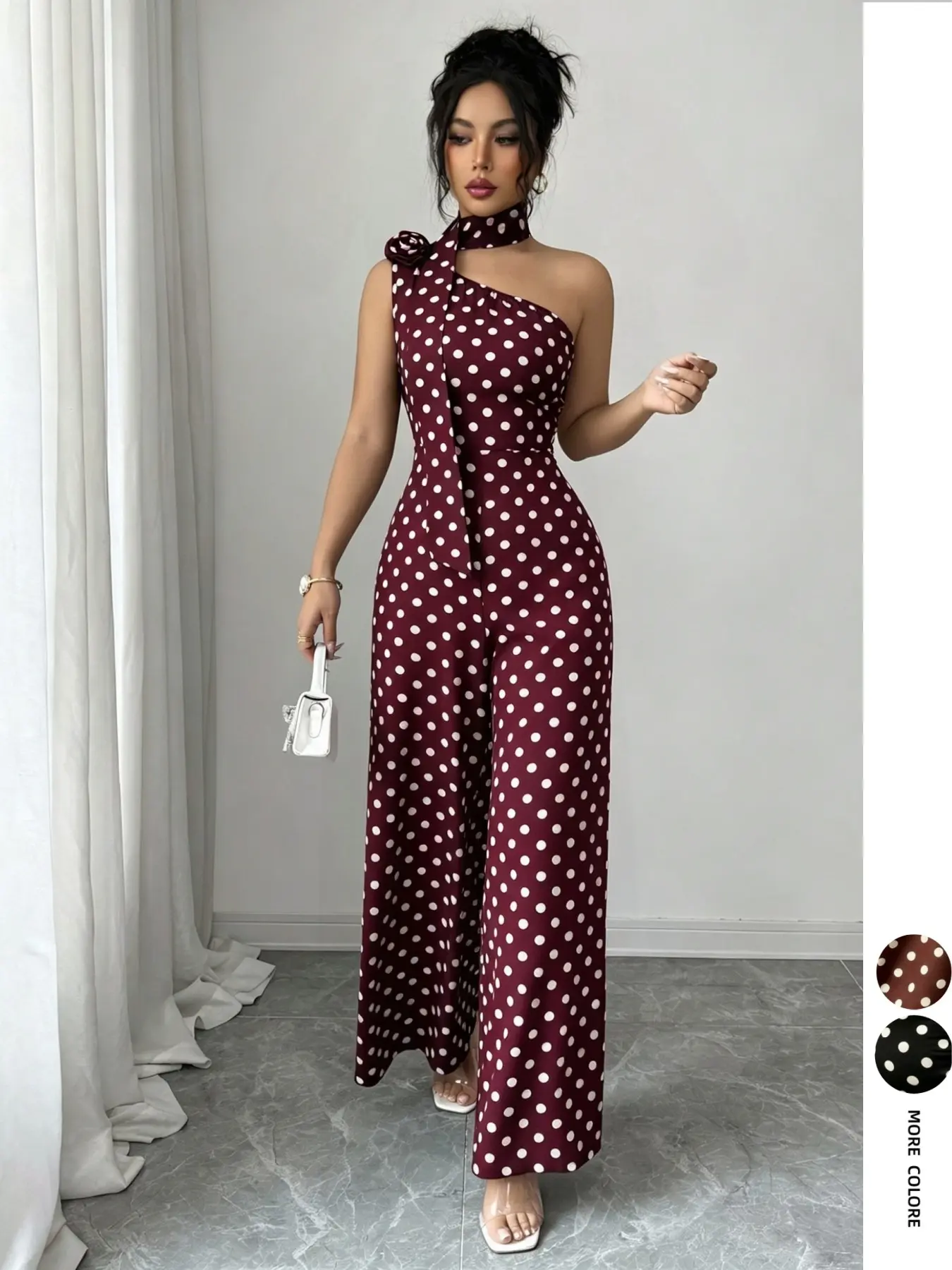 Women's Rose Flower Halter Neck Asymmetrical Vintage Chic Polka Dot Sleeveless Romper, High Waist Flowy Wide Leg Pants, Office Date Wear