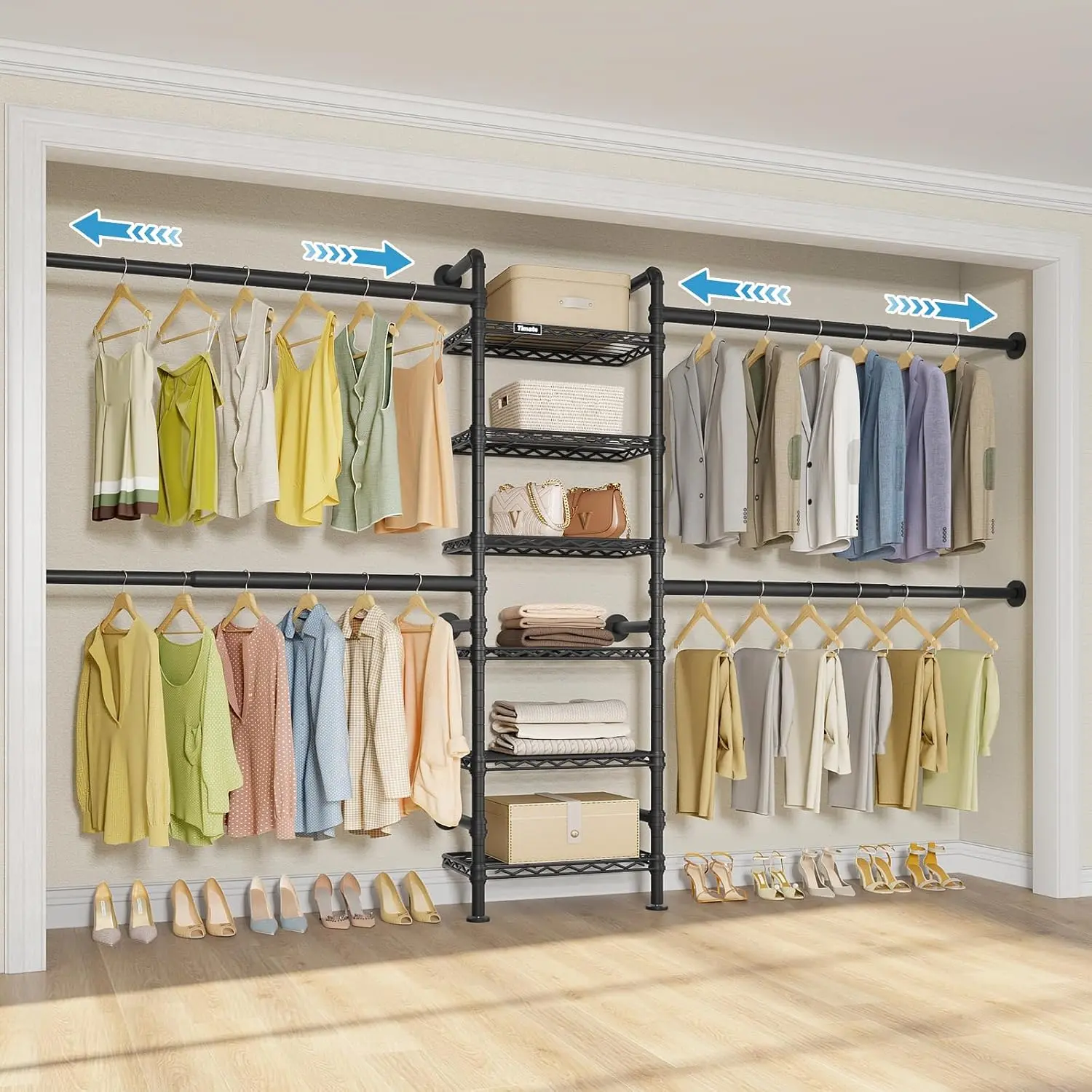 S3X Medium Expandable Wall Mounted Clothes Rack with 6 Adjustable Shelves & 4 Expandable Hanger Rods, Heavy Duty Industrial Pipe Clothing Rack for  Clothes, Fits Spaces 5'3"- 8', Black
