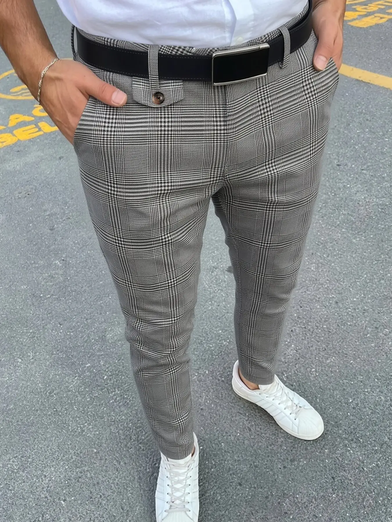 Men's Business Suit Pants, Slim Fit Checked Houndstooth Pattern, Versatile for Daily Wear and Events, Fake Pocket Dual Button Design, Elegant Comfy Trousers