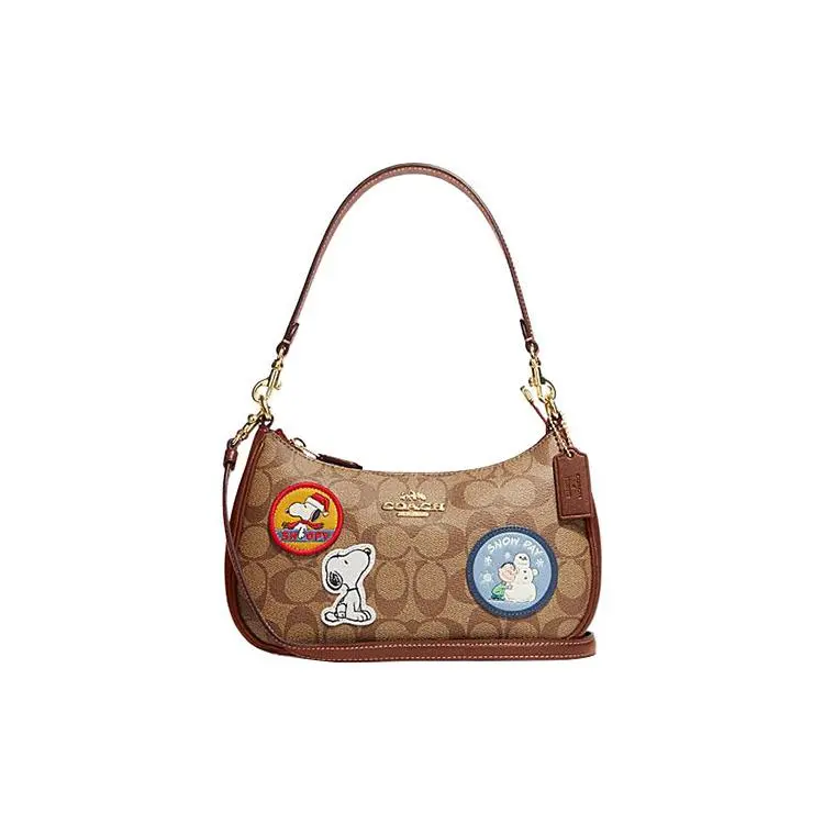 Coach x Peanuts Snoopy Teri 25 Crossbody Bag for Women – Genuine Leather, Brown and Rust Checkered Print with Zip Closure Verifiable, with credentials and supporting global authentication
