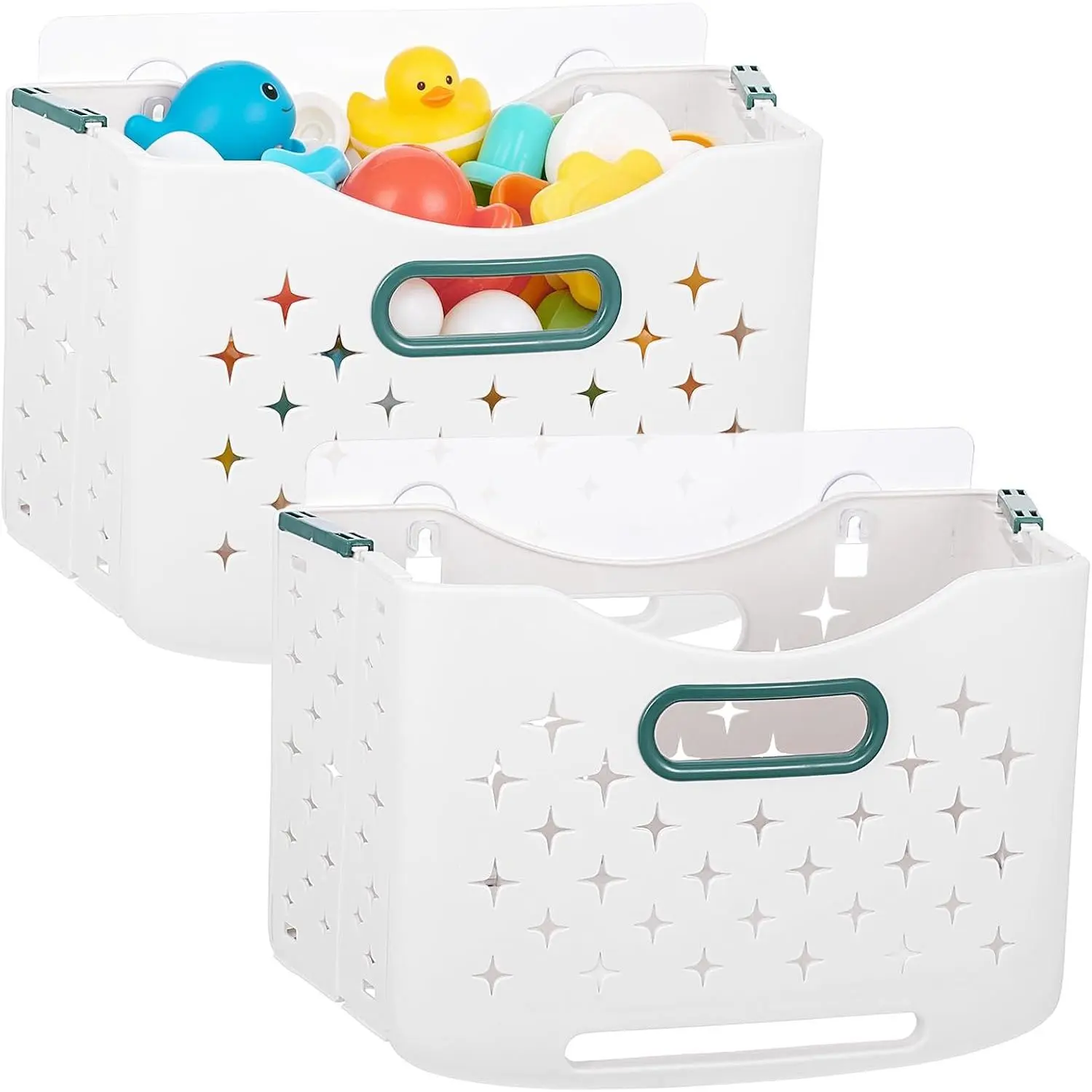 2-Pcs Bathroom Toy Storage Organizer, Foldable Large-Capacity Standing Smooth Wall-Mounted Basket, Space-Saving Tub & Shower Holder, Accessory