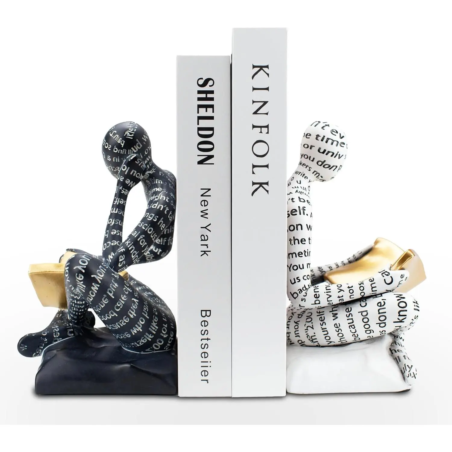 Heavy Duty Decorative Thinker Bookends for Shelves, Black & White Home Office Decor