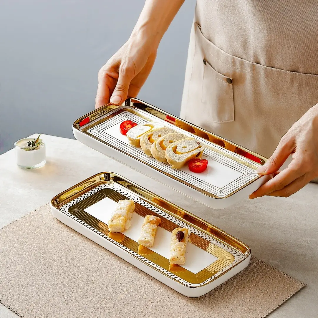 Gold Rim Ceramic Rectangular Dinner Plate Set, Sushi Plates, Decorative Plates, Serving Plates, Japanese Creative Long Tray, Dishwasher Safe, Oven Safe