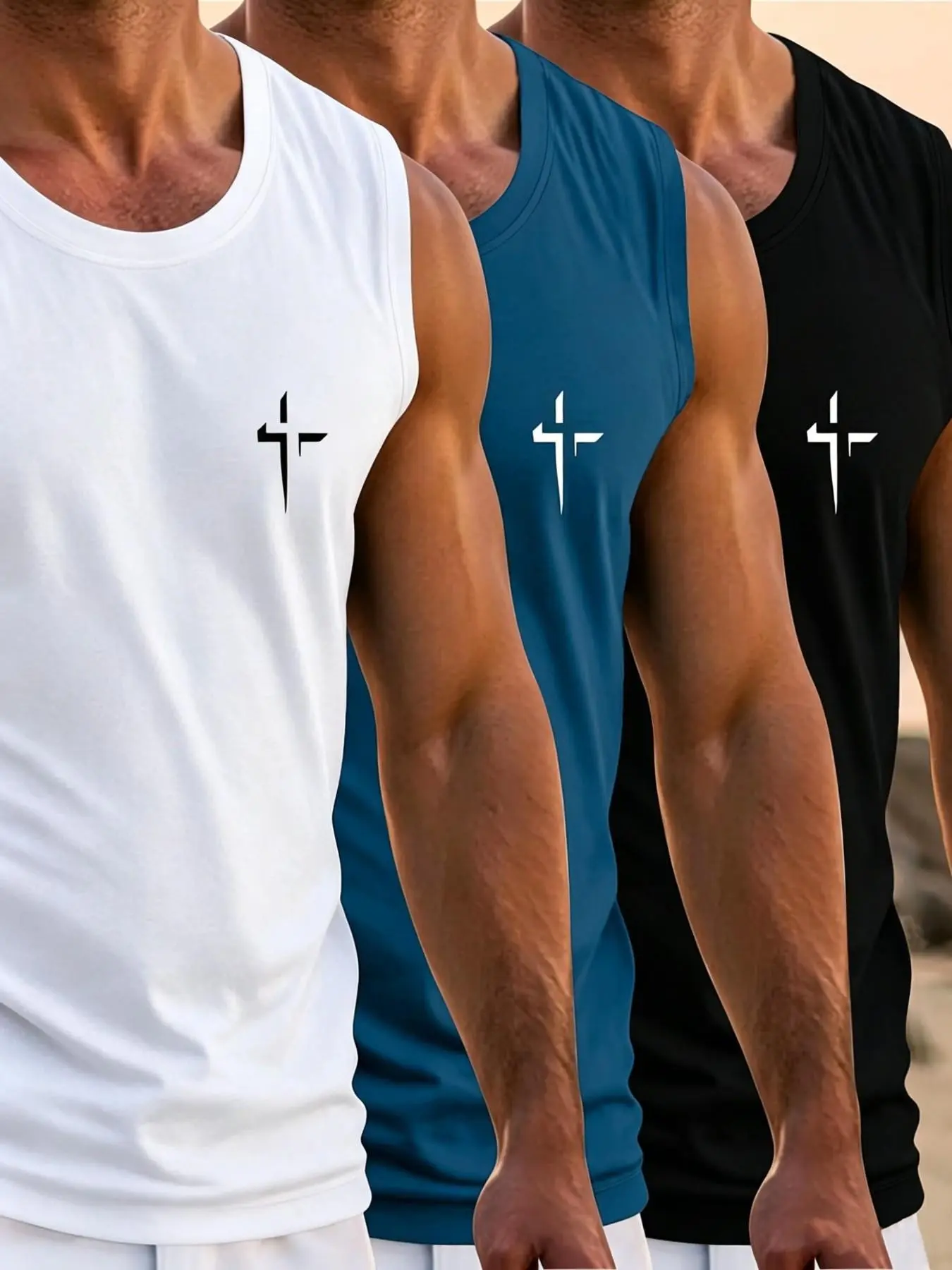 3 Pack Men Wide Strap U Neck Tank Tops Minimalist Small Cross Chest Faith Graphic Breathable Quick Dry Christian Athletic Workout Casual Sleeveless Singlets Multipack