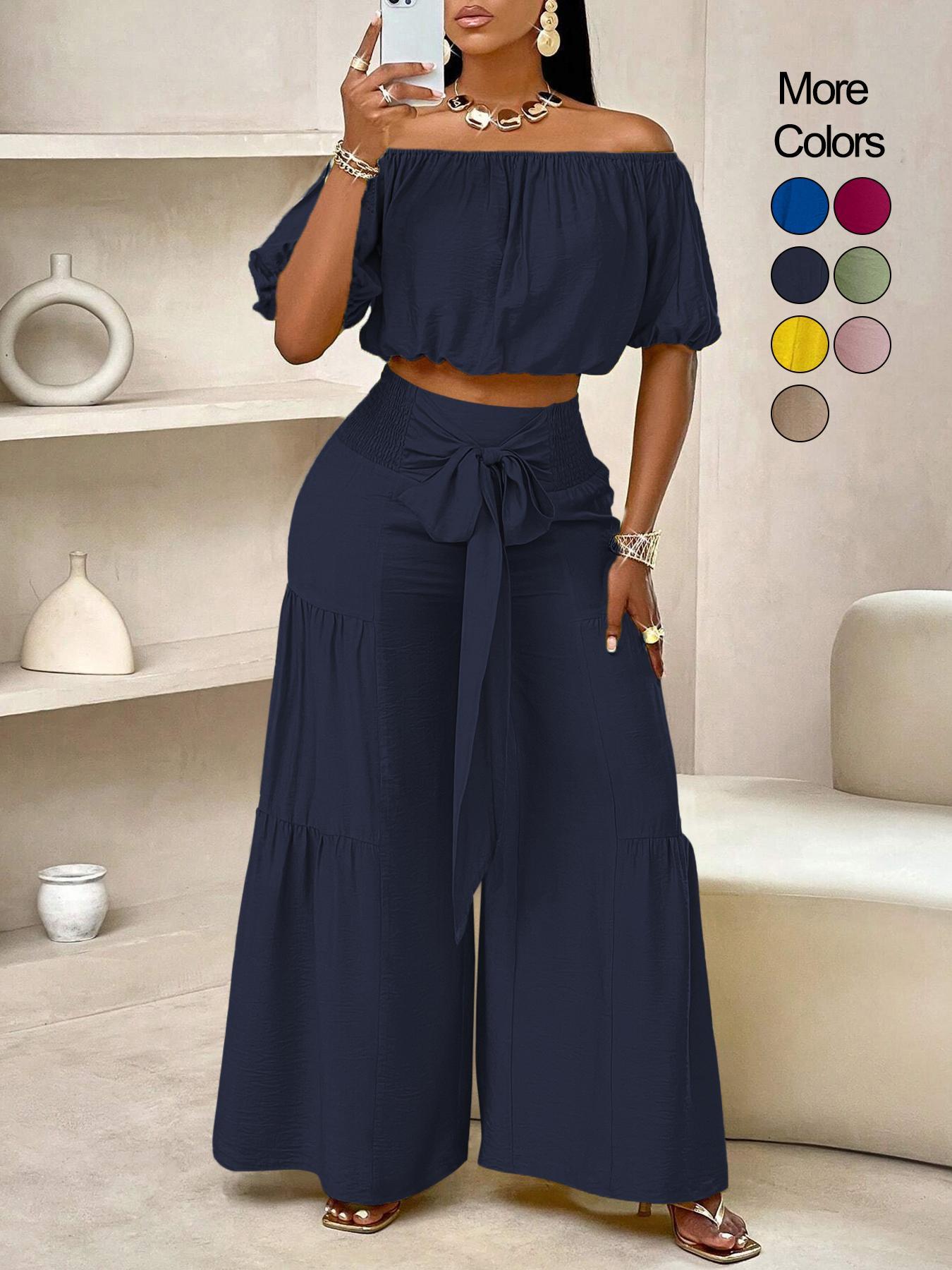 Summer Beach Vacation Bow Shoulderless Round Neck Shirt Wide Leg Pants Set, Casual Loose-Fitting, Women's Fashion, Womenswear Summer Beach Vacation Bow Shoulderless Round Neck Shirt Wide Leg Pants Set, Casual Loose-Fitting, Women's Fashion, Womenswear