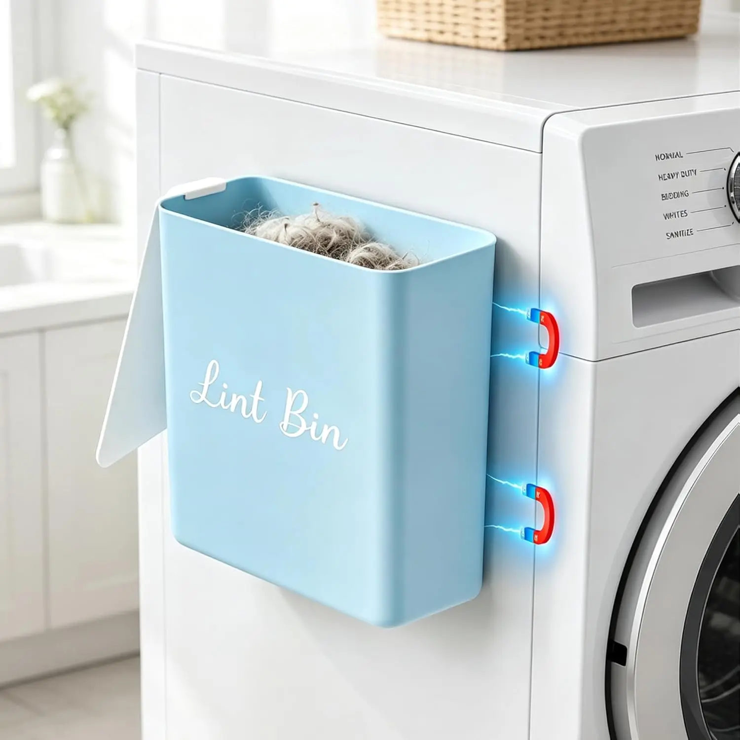 Magnetic Lint Bin with Lid for Laundry Room, Compact Plastic Dryer Lint Holder, Small Laundry Trash Container for Dryer Lint & Used Dryer Sheets, Space Saving Storage Decor Organizer (Blue)