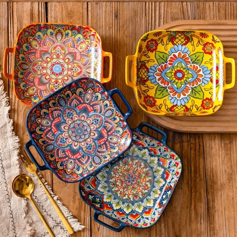 4-Piece Heat-Resistant Bohemian Ceramic Plate Set, Microwave & Oven Safe, Ideal for Holidays, Parties, Home, Restaurant, Hotel Use
