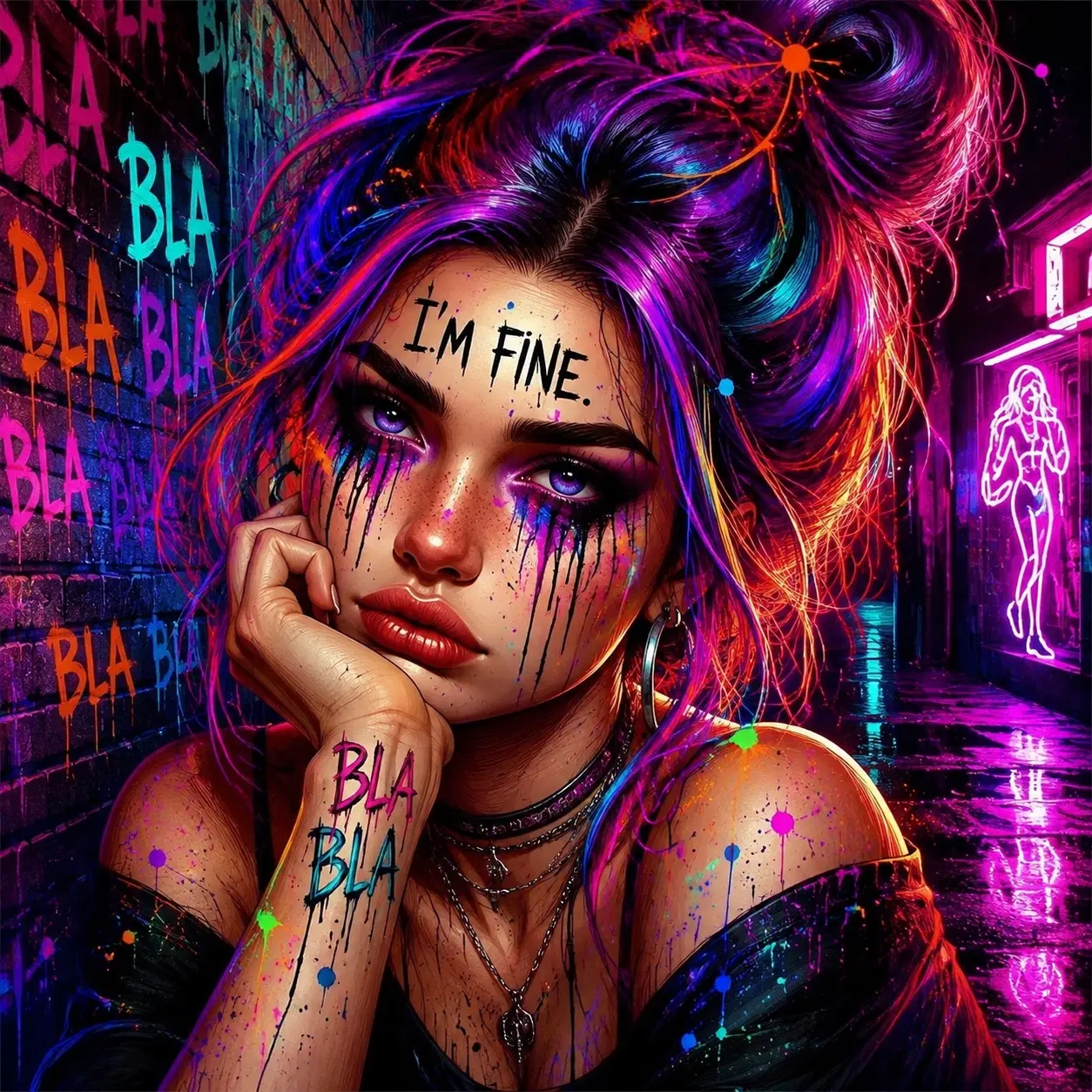 Neon Graffiti Girl I'm Fine Street Art,  Full-drill square diamond Round diamond painting kit (5D DIY, unframed, includes tool kit). Suitable for home decor and as a personalized gift Handcrafted, personalized gifts.
