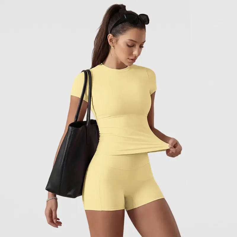 Women's 2-Piece Athleisure Activewear Set, Solid Color T-Shirt & Slimming Hip-Lifting Biker Shorts, Gym Yoga Clothing, Two Piece Sets Women