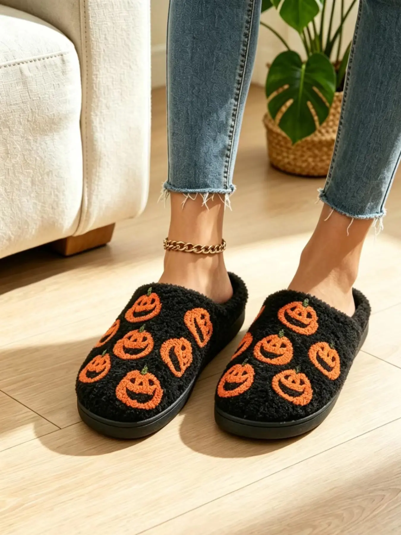 Women's Halloween Pumpkin Plush Cotton Slippers, Non-Slip Indoor Home Shoes, Fall Winter Fashion, Comfortable & Cozy