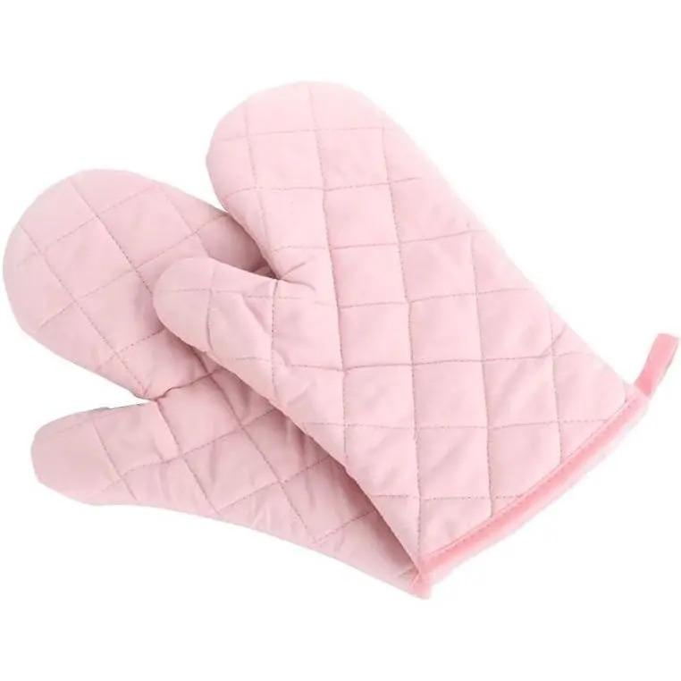Oven Mitts, Premium Heat Resistant Kitchen Gloves Cotton & Polyester Quilted Oversized Mittens, 1 Pair (Pink)