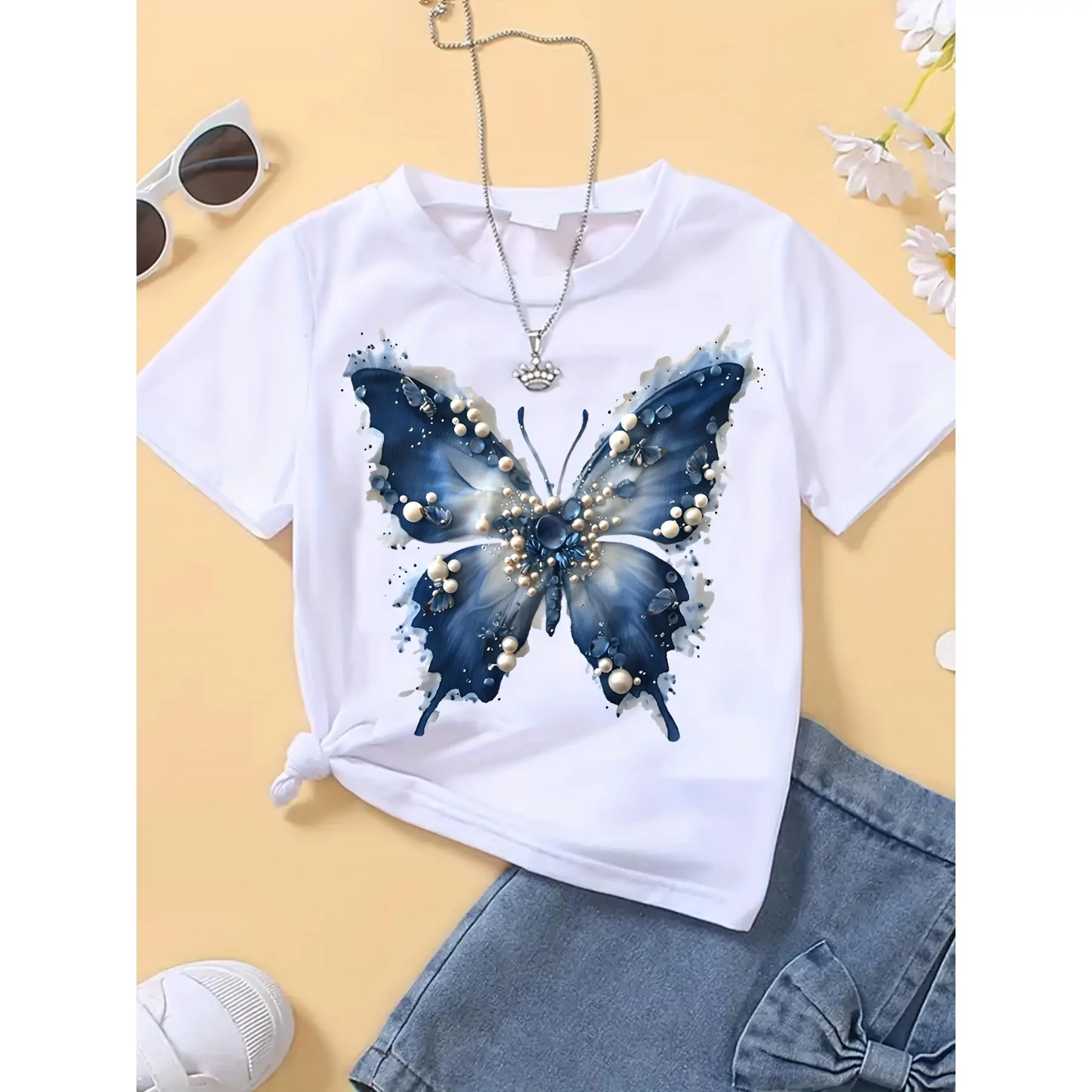 Short Sleeve T-Shirt, Spring Summer Autumn Versatile Trendy Butterfly Print Casual Comfortable Outerwear Top