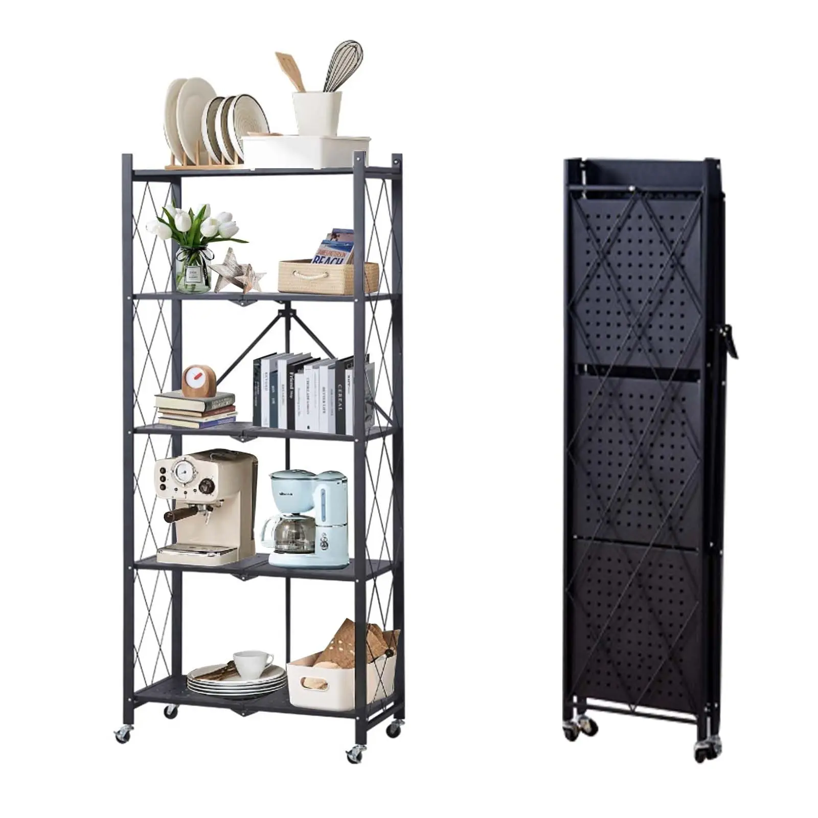 5 Tiers Folding Storage Rack with Wheels, Kitchen Storage Shelves for Storage Books Kitchenware Collections, Folding Metal Shelves for Study, Kitchen, Pantry, Balcony(70x35x158Cm)