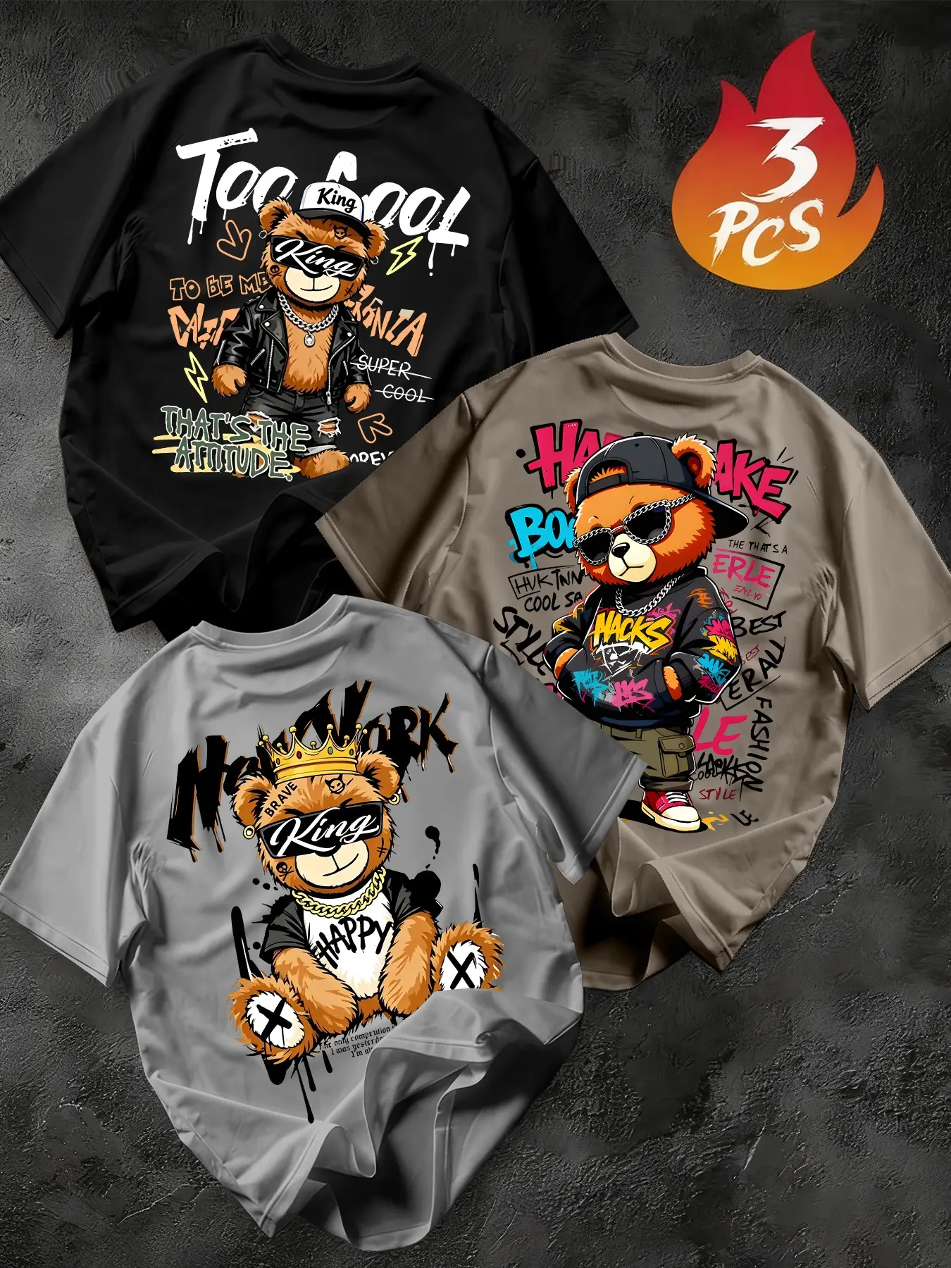 3-Pack Men's Streetwear Bear Print T-Shirts, Loose-Fit Oversized Long Sleeve Sets, Multiple Colors Available, Trendy Casual Wear Tops