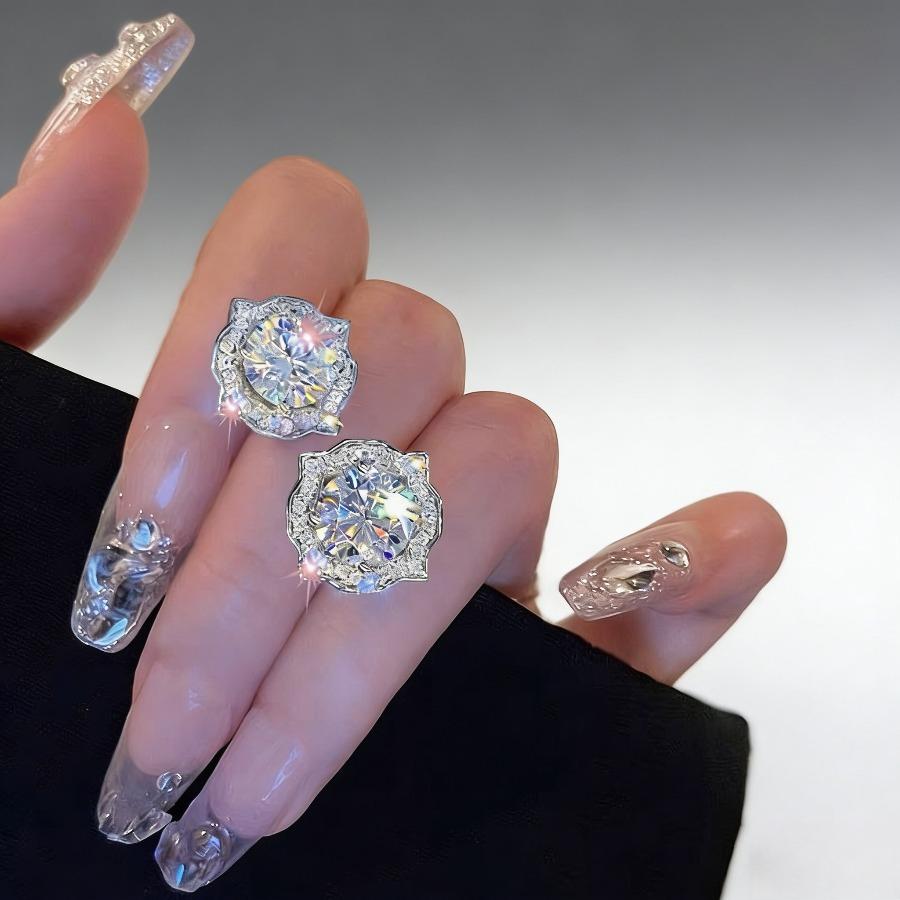 Bling Elegant Zirconia Inlaid Flower Stud Earrings - Silvery-Plated Women's Jewelry, Ideal for Daily Wear & Dating, Perfect Valentine's Day Gift