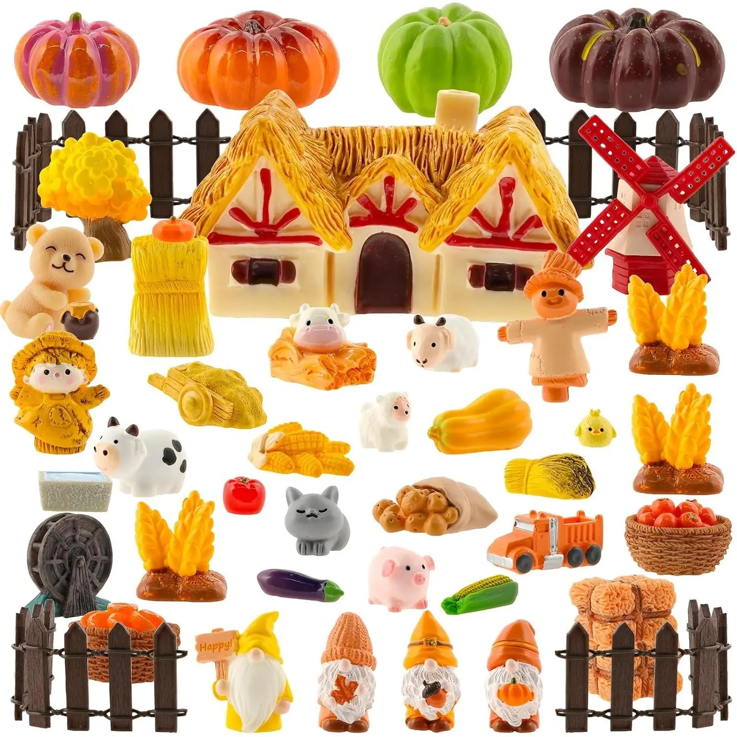 46 count Thanksgiving Mini  Figurines Fall Farm Set | Mini  Figurines Autumn   Farm Miniature for DIY Crafts Fairy Garden Thanksgiving Decorations