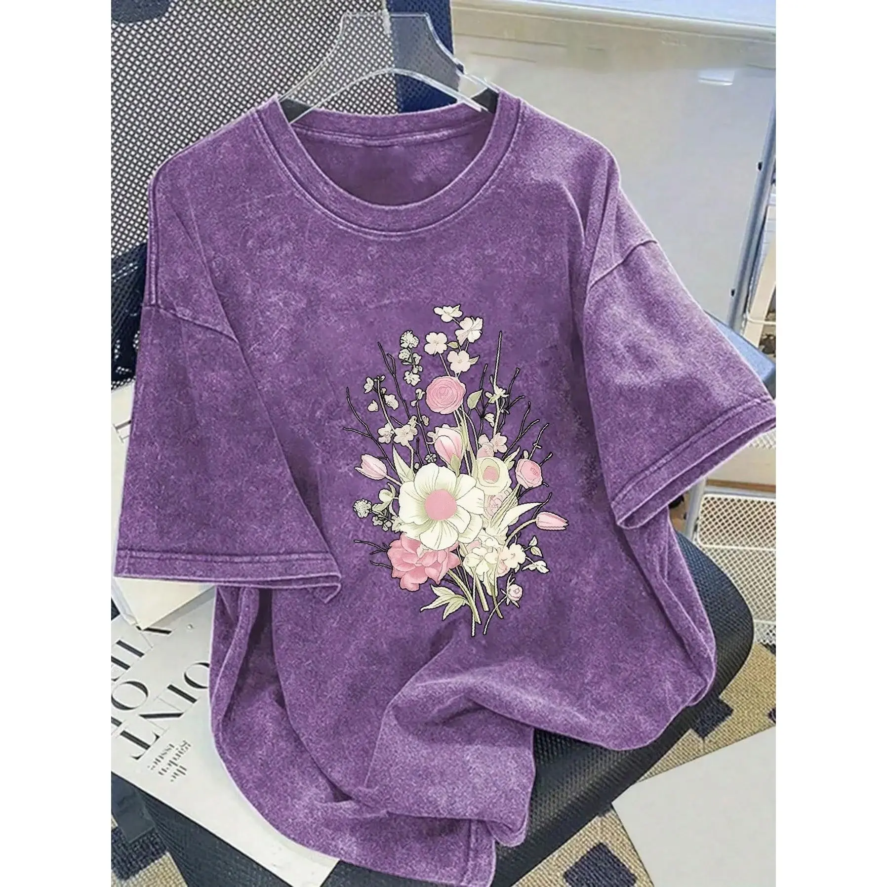 Women's Printed Washed T-Shirt Tops - 230g Thick, Retro Street Casual Style, Round Neck, Shortsleeve, Floral Print, Machine Washable, Perfect for Spring Day Wear, Cotton Fabric, Plant Pattern