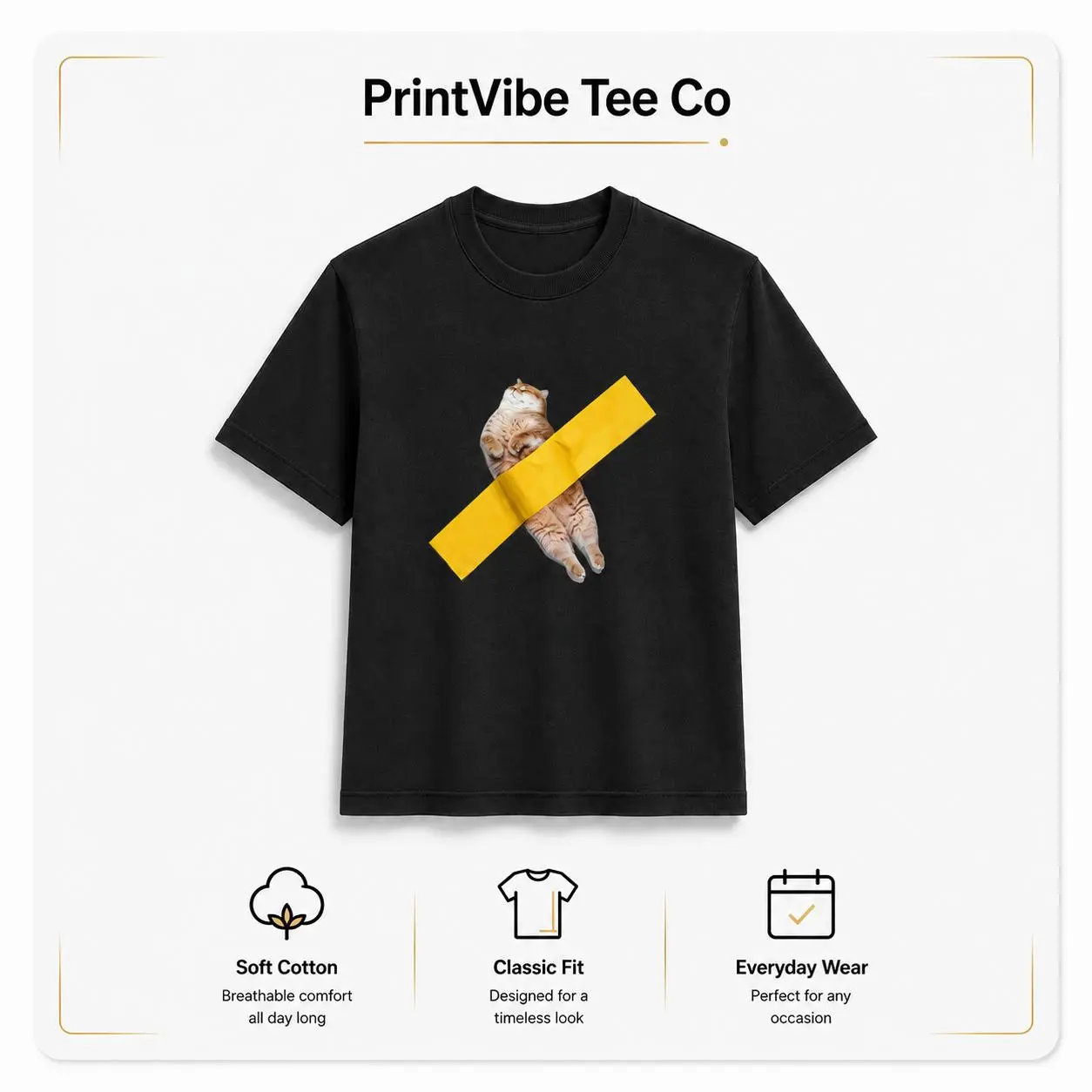 Funny Tape Stuck Ginger Cat Graphic T‑Shirt, 200g Premium Pure Cotton Unisex Meme Casual Short‑Sleeve Tee
