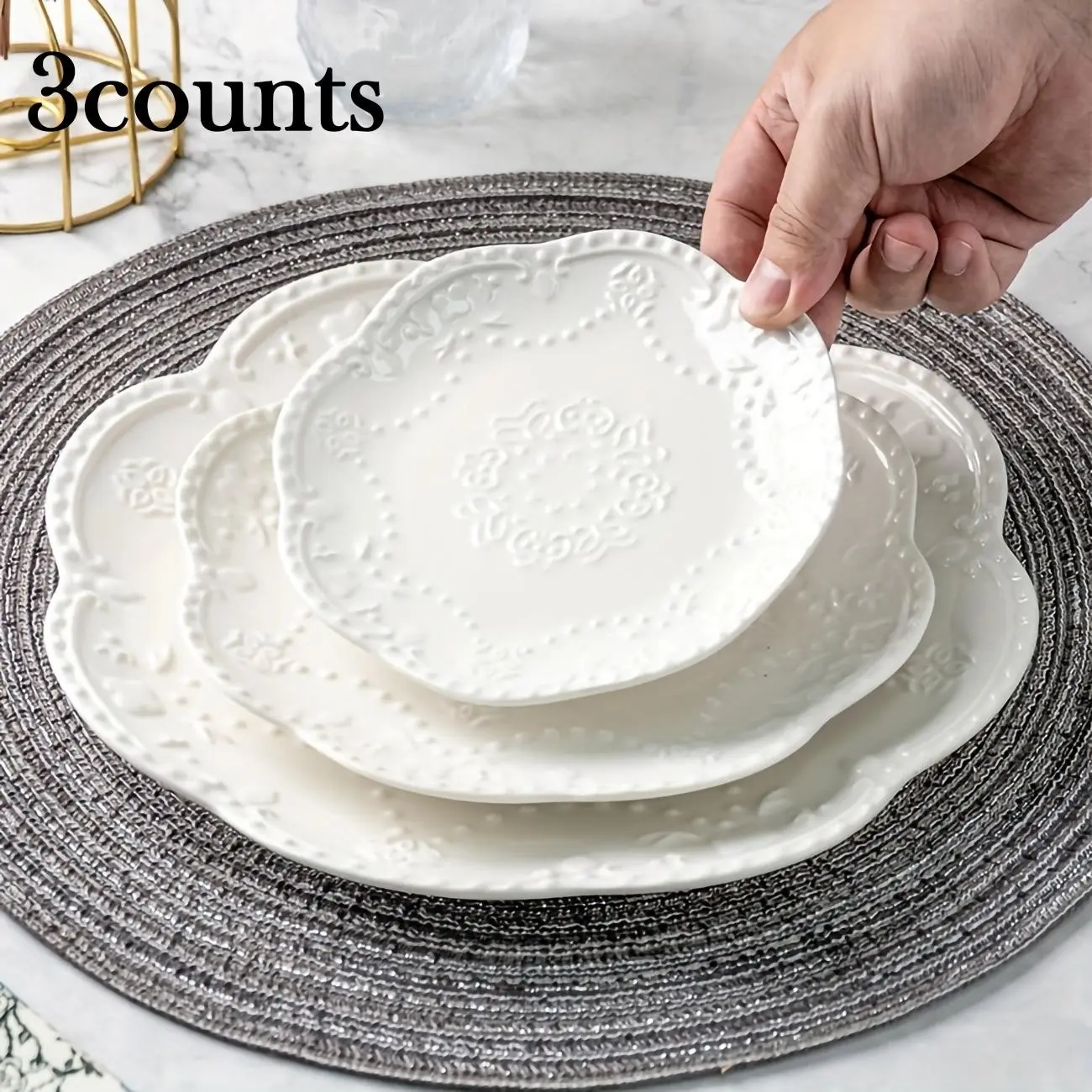 3-Piece Butterfly Relief Ceramic Plate Set, Three Sizes Available, Stackable and Practical, Dishwasher Safe, Ideal for Western Cuisine