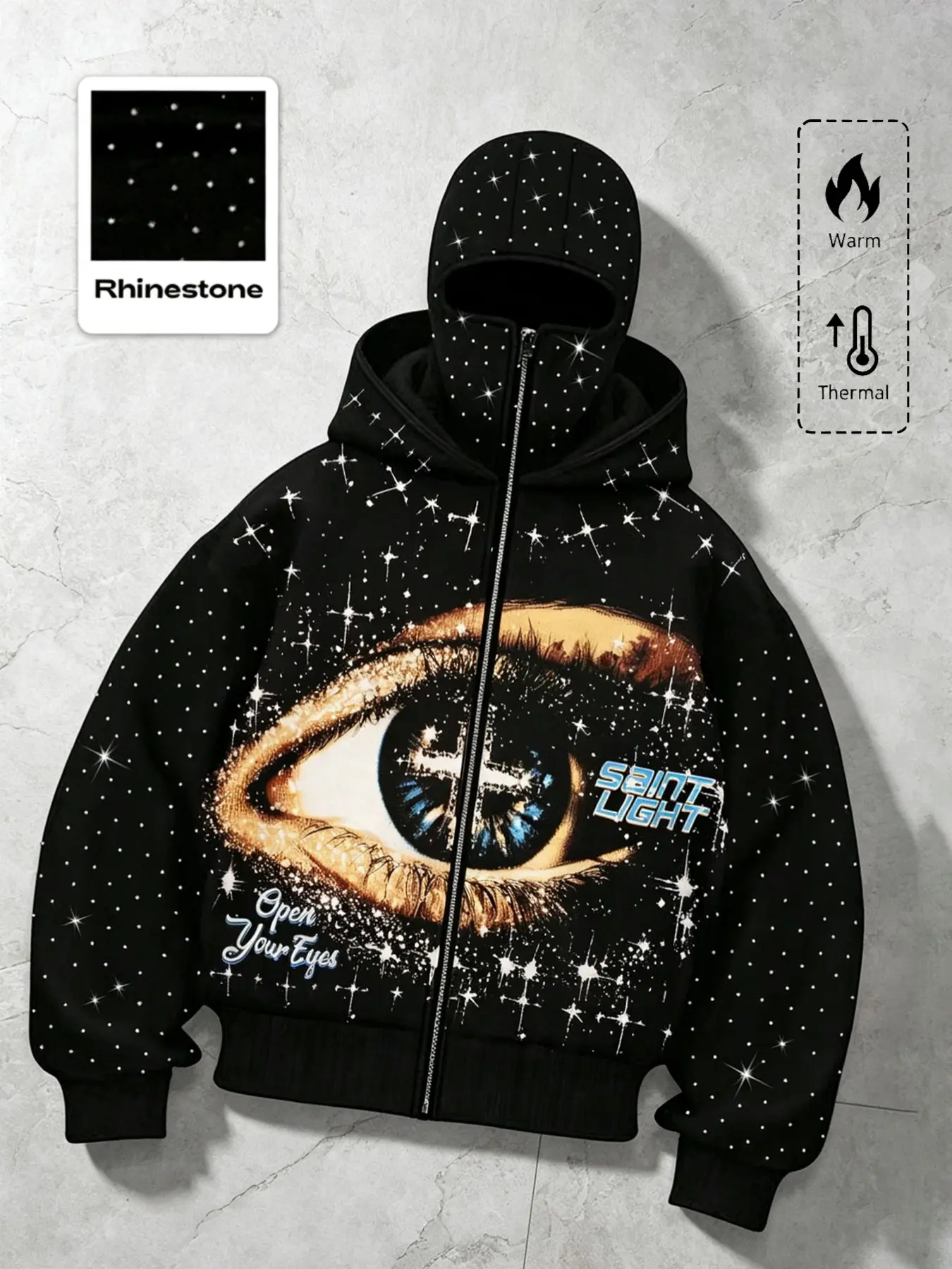 Y2K Retro Star Rhinestone Eye Print Balaclava Sweatshirt Hoodie, Men's Baggy Oversize Thick Windproof Warm Casual Streetwear Jacket, Fall & Winter Fashion