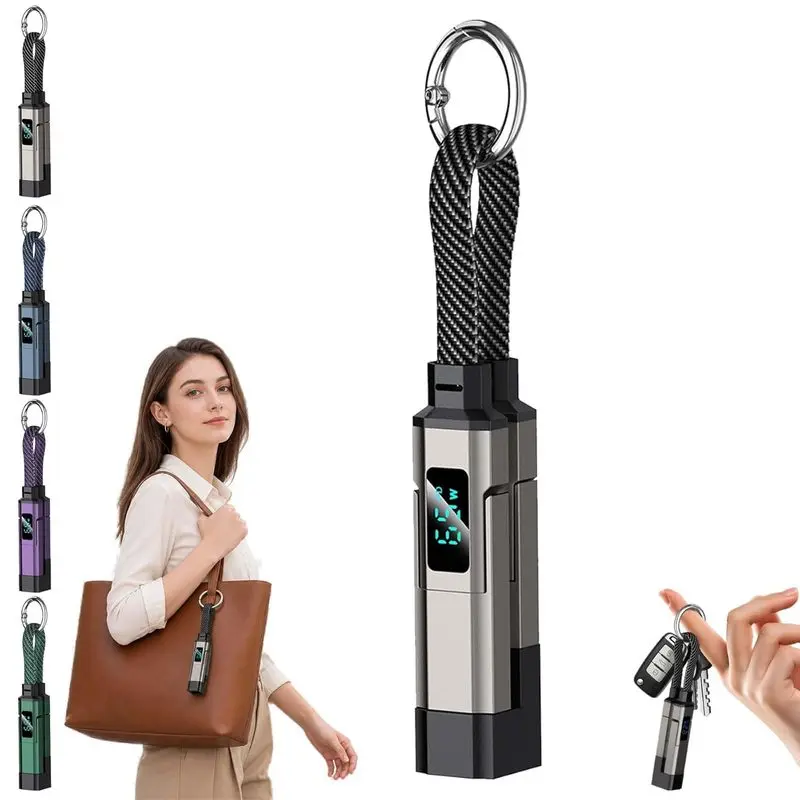 4-in-1 Mobile Braided Cord Smart Display Keychain Cable - Portable Digital Screen Charger Lanyard, Kink-Resistant Compact Multi-Interface USB Type-C Fast-Charging (Black)