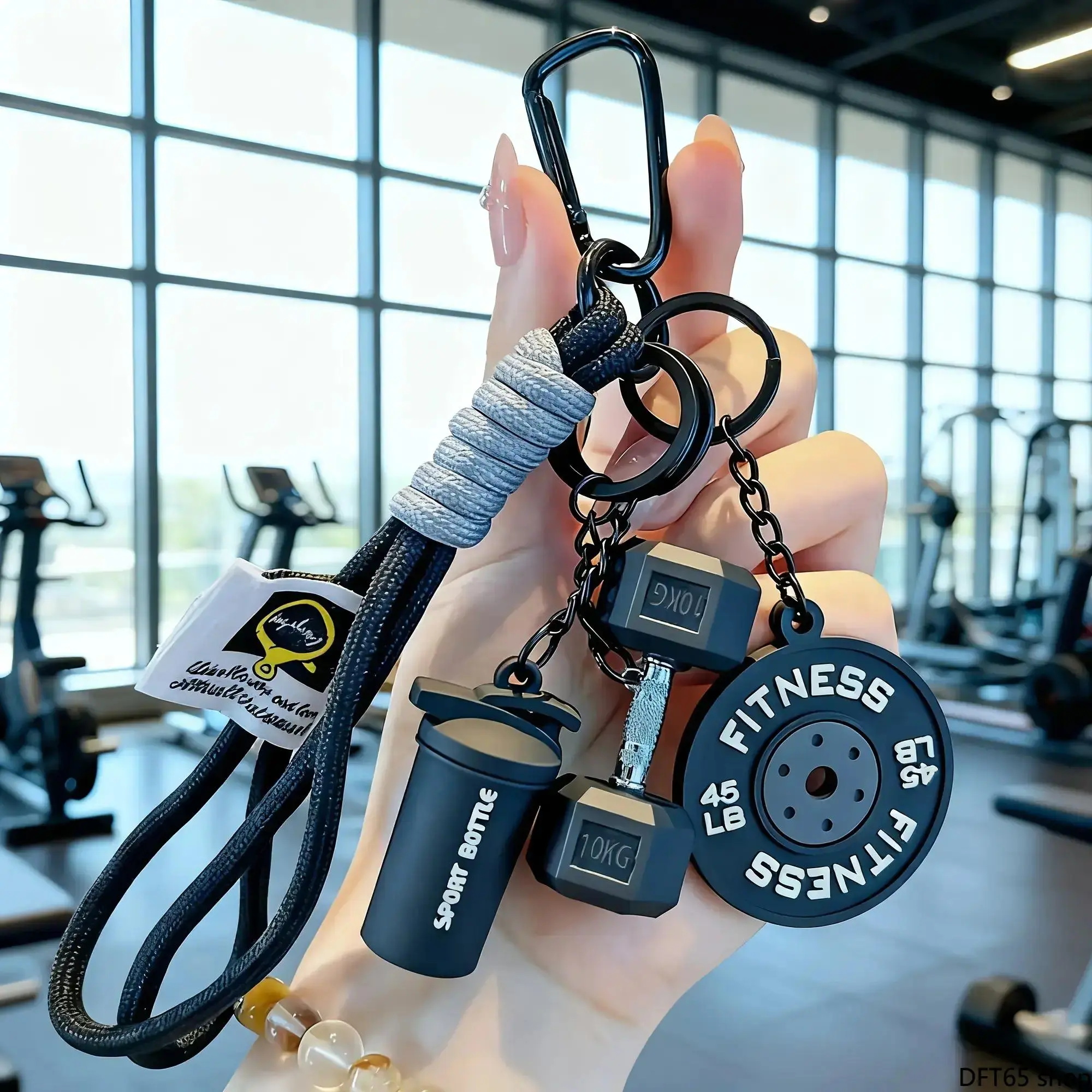 Unisex 4-Pack (Multipack) Fitness Shaped Synthetics Keychain Set - Solid Resin Construction, Braided Rope Link, Dumbbell/Barbell/Water Bottle Ornament, Gym Decor, Portable Mini Pendant Accessory for Workout Enthusiasts, Sports, Unisex Names, Polyresin, Se