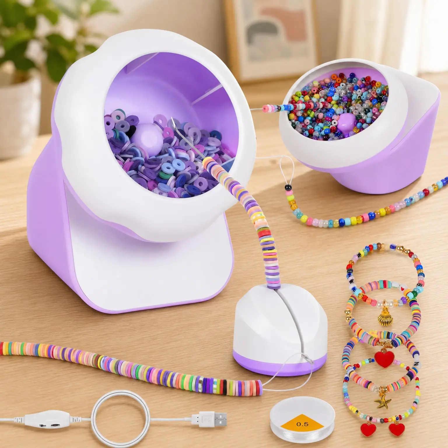 2-in-1 Electric Bead Spinner for Clay and Seed Beads, Jewelry Making Bracelet & Necklace Machine with Bead Needles and Thread, PurpleGift