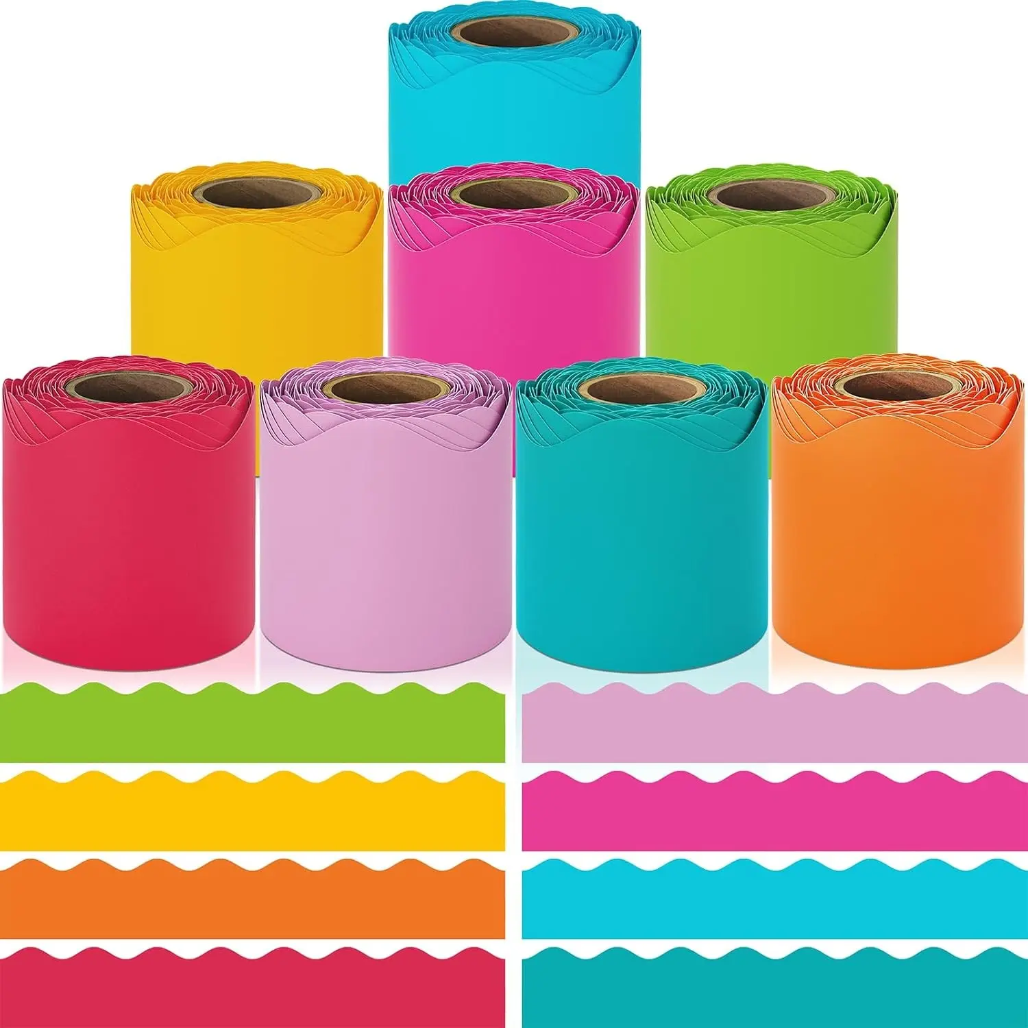 Bulletin Board Borders, 8 Rolls 262.4 Ft Rainbow Scalloped Bulletin Borders, Colorful Bulletin Board Decorations for Class, School, Office, Ideal for Blackboard, Whiteboard Trim Classroom Decor