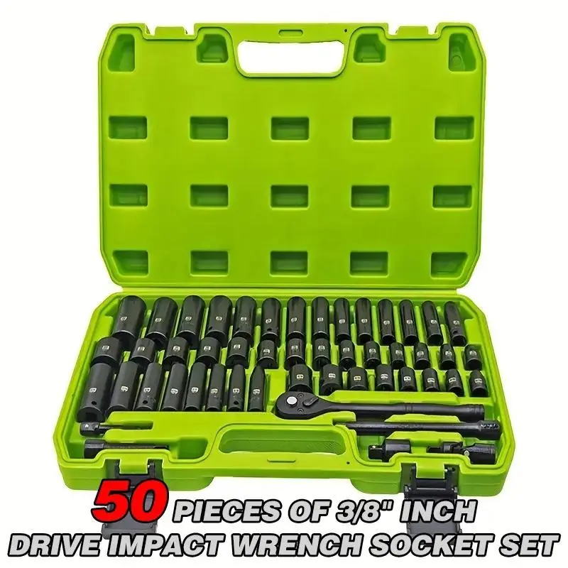 50-Piece Impact Socket Set with Versatility and Convenience, 3/8"-Drive SAE (5/16"-3/4") & Metric (8-22mm) 6-Point CR-V Tools, Drive Extension Bar, Universal Joint, Power Drill Adapter, Storage Case for Home Improvement