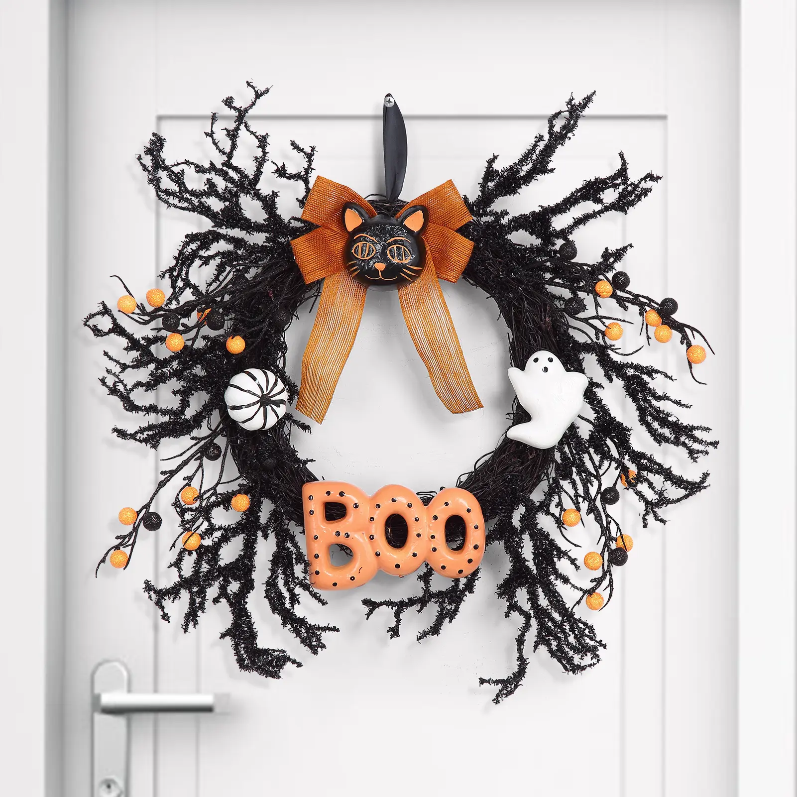 Halloween Front Door Wreath – Black Cat, Ethereal, Pumpkin, Maple Berries & Black Roses – Ribbon & 'Boo' Sign – Artificial Holiday Decor for Indoor Outdoor Wall, Window, Porch, Mantle