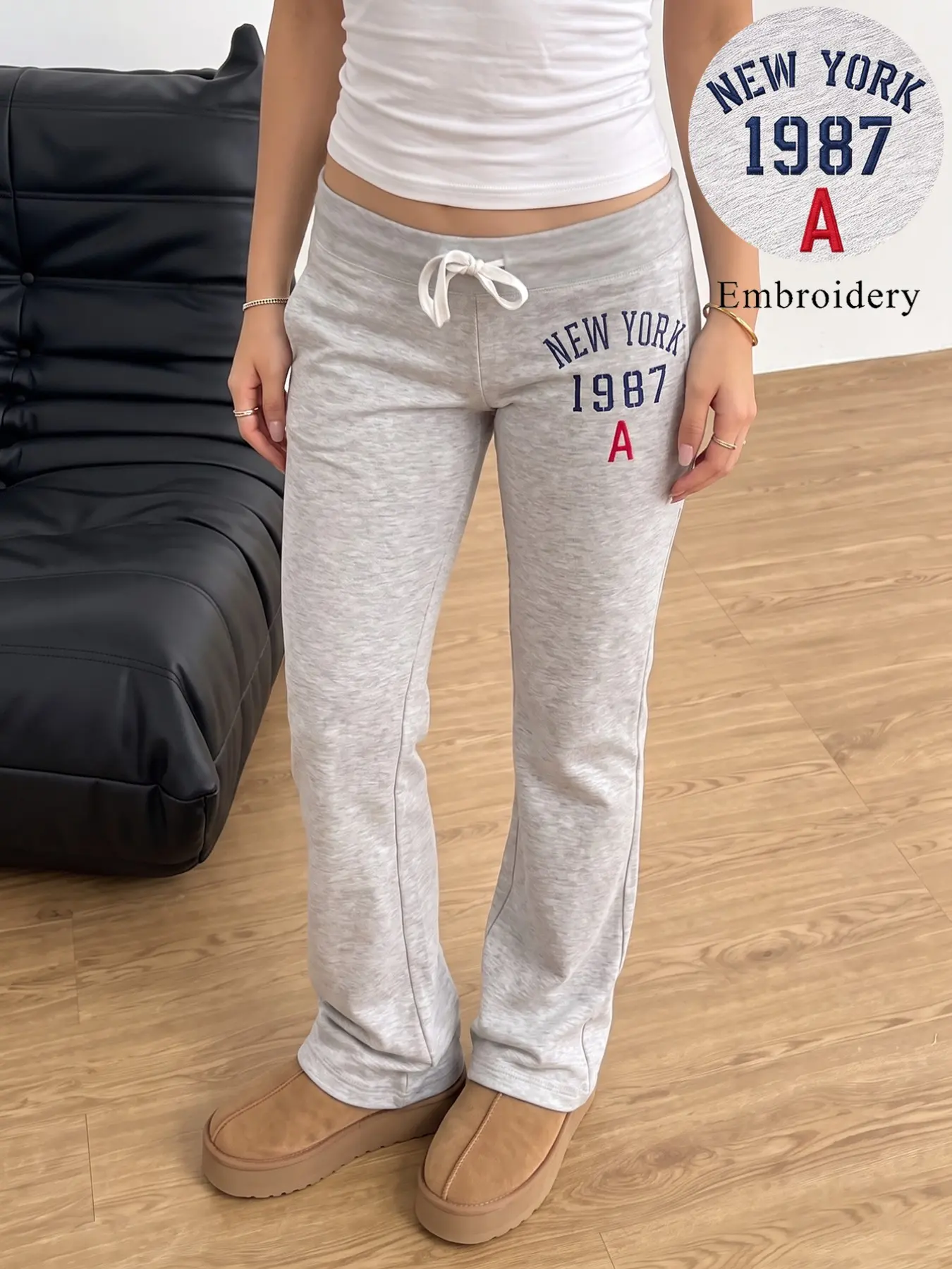 Heather Grey Low Waist Drawstring Micro Flare Sweatpants For Women, New York 1987 Letter Embroidery Slim Bootcut Casual Trousers, Soft Stretch Y2K Street Loungewear Pants For Daily Autumn Going Out Wear