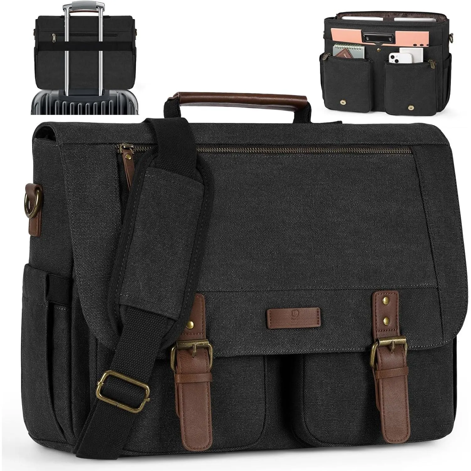 Messenger Bag for Men, 15.6-17.3 inch Laptop Bag for Work College | Padded Laptop Comparment, Multiple Pockets, Water-resistant Canvas, Large  Satchel Briefcase, Black