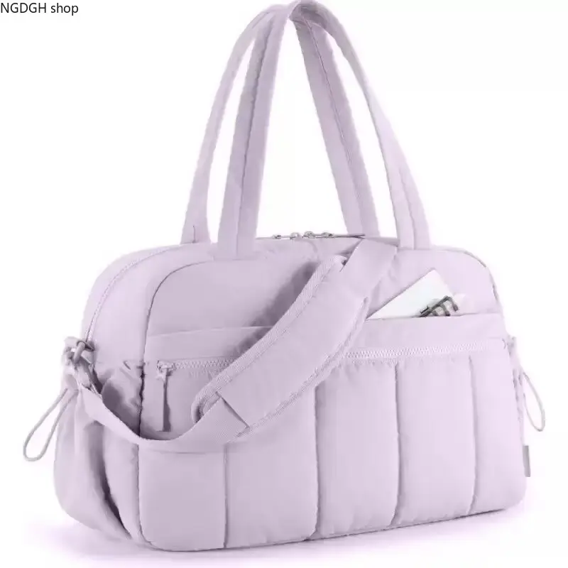 Quilted Duffel Bag Women - Trendy Pink Beige Black Padded Shoulder Tote with Adjustable Strap & Multiple Pockets, Lightweight Spacious Durable Design Perfect for Gym Travel Weekend Getaway & Daily Commute