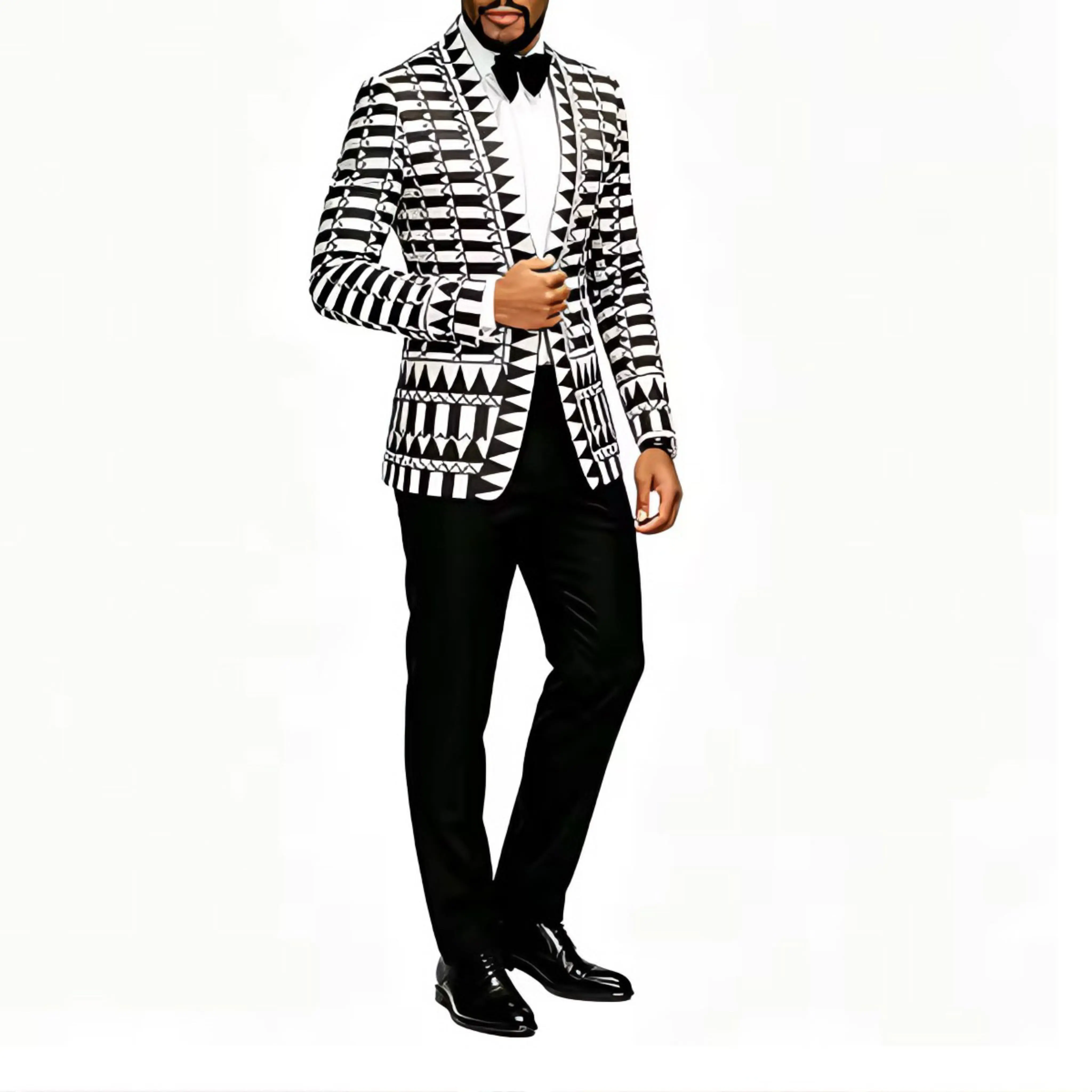 Men Black White Geometric Print Blazer Slim Fit Open Front Tuxedo Jacket, Stylish Pattern Suit Coat for Wedding Prom Party Stage Nightclub Dinner, Long Sleeve, Formal Attire, Menswear, Fitted, Evening, S