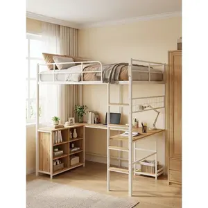 Loft Bed Full Size with U-Shaped Desk, 6 Storage Cubbies, Power Outlet, Bed Frame with PC Stand, Heavy Duty Metal Bed Frame with Widened Ladder Feet for Apartment, Bedroom, Small Space