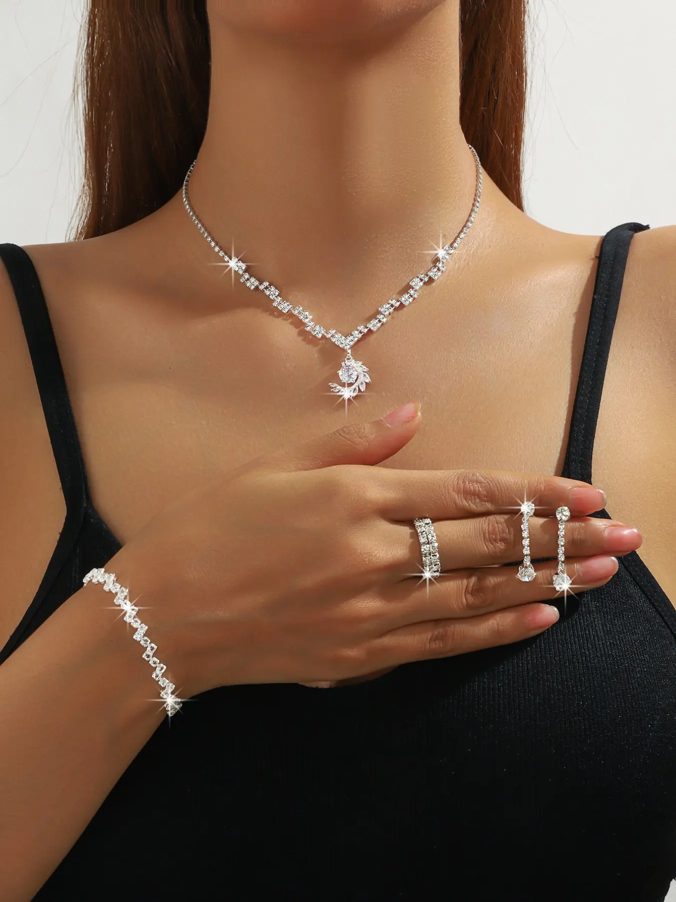 Fashion Jewelry Set of Four, Trendy Minimalist Design, Sparkling Rhinestones, Star Moon Necklace Bracelet Earrings Ring, Bride Party Accessories