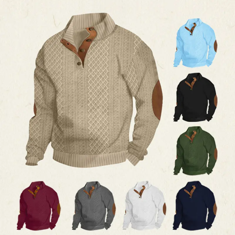 Men's Stand Collar Jacquard Knit Pullover Sweater, Micro Stretch 100% Polyester Long Sleeve Elbow Patch Casual Outdoor Sweatshirt for Spring Autumn, Textured Knit Top